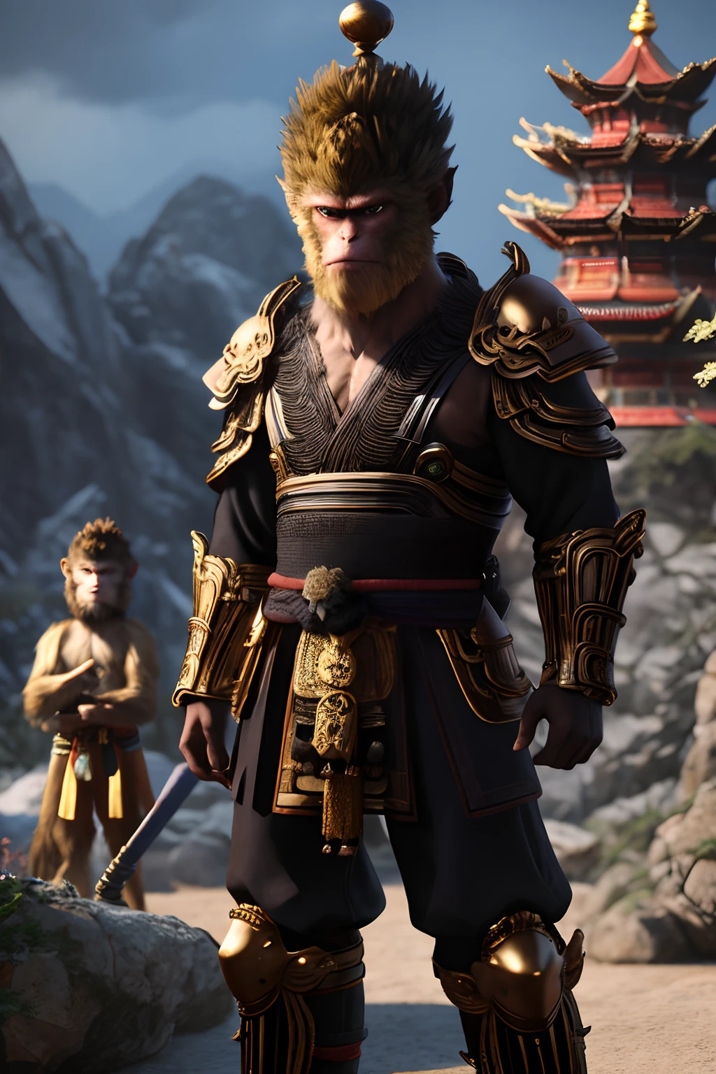 Wukong(black myth),
1boys, 独奏, malefocus, A detailed eye, Shadowed face,Stand in the Heavenly Court against the Heavenly Soldier Heavenly General,fur chest,armour,Monkey King clothes,Monkey King armor
Unreal Engine,8K,super detailing,