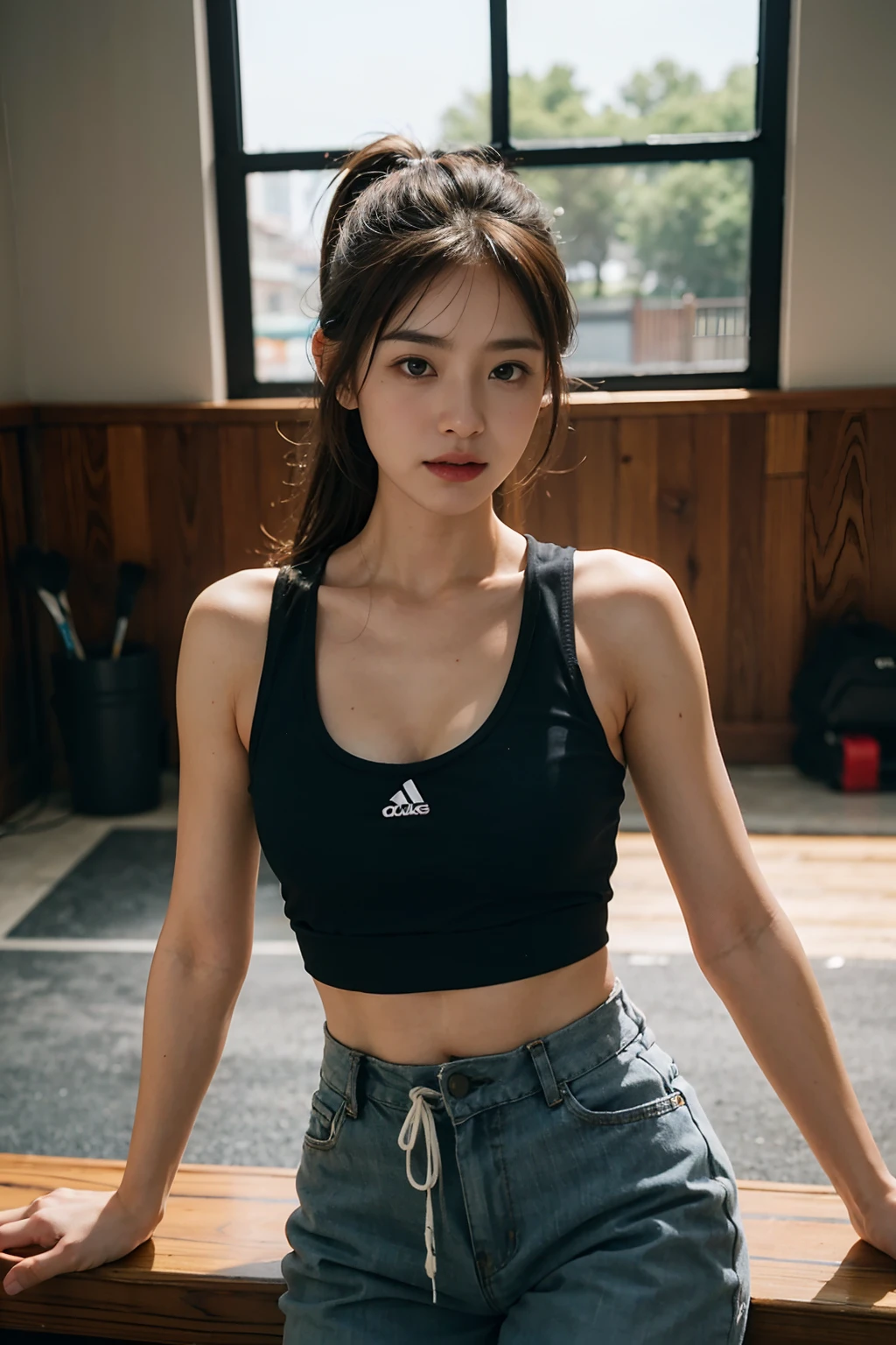 A female athlete,Sport Tank Top,shorter pants,sweat leggs,realisticlying,dynamic lights,Brush cut,cleavage,nabel,full shoot,(非常详细的 CG 统一 8k 壁纸),high detal,tack sharp focus,dramatic,eye bags,long eyelasher,Photoreality