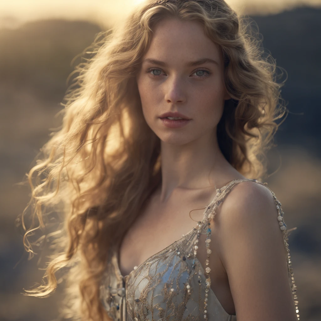 RAW photograph, high quality picture of a 18 yo english woman, close up of a bacchante, photorealistic, cinematic, dramatic, perfect face, well formed facial features, calm peaceful happy sexy expression, glowing pale white skin, soft skin, long loose flowing fair hair, flowers in her hair, small breasts, perfectly formed breasts, beautiful flowing grecian style dress, iridescent patterned dark blue dress, jewelry, dancing by a lake, sunset, low light, bokeh, short depth of field, low contrast, shadows, accurate face, high quality, ultra detailed, detailed facial features, accurate hands, accurate fingers, accurate feet, sensual, HD, 4k, 8k, JW Waterhouse
