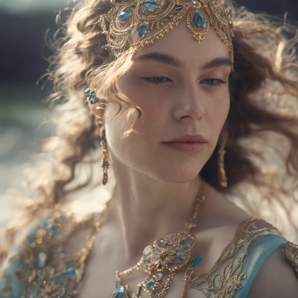 RAW photograph, high quality picture of a 18 yo english woman, close up of a bacchante, photorealistic, cinematic, dramatic, perfect face, well formed facial features, calm peaceful happy sexy expression, glowing pale white skin, soft skin, long loose flowing fair hair, flowers in her hair, small breasts, perfectly formed breasts, beautiful flowing grecian style dress, iridescent patterned dark blue dress, jewelry, dancing by a lake, sunset, low light, bokeh, short depth of field, low contrast, shadows, accurate face, high quality, ultra detailed, detailed facial features, accurate hands, accurate fingers, accurate feet, sensual, HD, 4k, 8k, JW Waterhouse