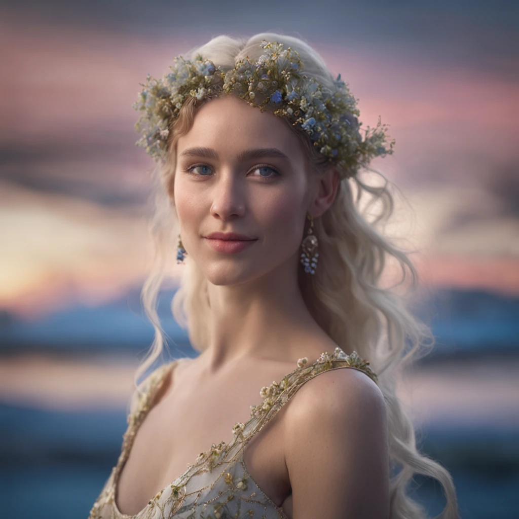 RAW photograph, high quality picture of a 18 yo english woman, close up of a bacchante, photorealistic, cinematic, dramatic, perfect face, well formed facial features, calm peaceful happy sexy expression, glowing pale white skin, soft skin, long loose flowing fair hair, flowers in her hair, small breasts, perfectly formed breasts, beautiful flowing grecian style dress, iridescent patterned dark blue dress, jewelry, dancing by a lake, sunset, low light, bokeh, short depth of field, low contrast, shadows, accurate face, high quality, ultra detailed, detailed facial features, accurate hands, accurate fingers, accurate feet, sensual, HD, 4k, 8k, JW Waterhouse