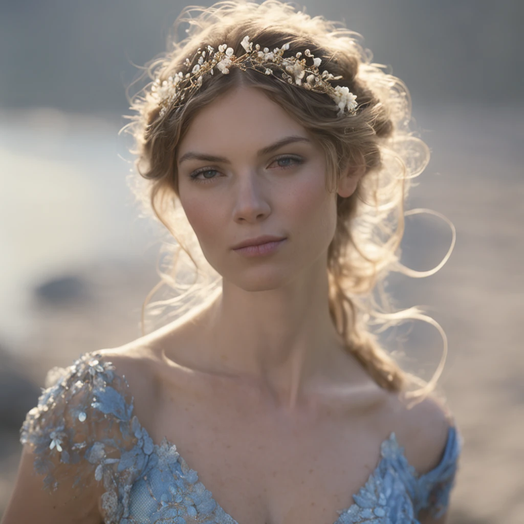 RAW photograph, high quality picture of a 18 yo english woman, close up of a bacchante, photorealistic, cinematic, dramatic, perfect face, well formed facial features, calm peaceful happy sexy expression, glowing pale white skin, soft skin, long loose flowing fair hair, flowers in her hair, small breasts, perfectly formed breasts, beautiful flowing grecian style dress, iridescent patterned dark blue dress, jewelry, dancing by a lake, sunset, low light, bokeh, short depth of field, low contrast, shadows, accurate face, high quality, ultra detailed, detailed facial features, accurate hands, accurate fingers, accurate feet, sensual, HD, 4k, 8k, JW Waterhouse
