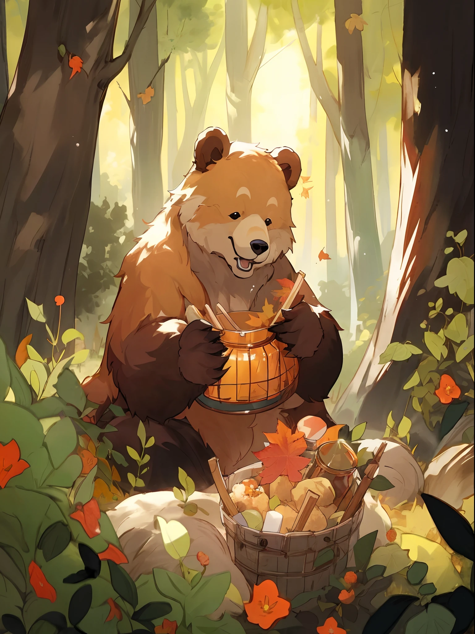 there is a bear that is sitting in the woods with a jar of honey, forest picnic, by Ryan Yee, by Yang J, detailed fanart, by Victor Wang, by Patrick Ching, 🍂 cute, jen bartel, by Arthur Pan, by Tadeusz Pruszkówski, by Jason Chan, cute forest creature, 🍁 cute