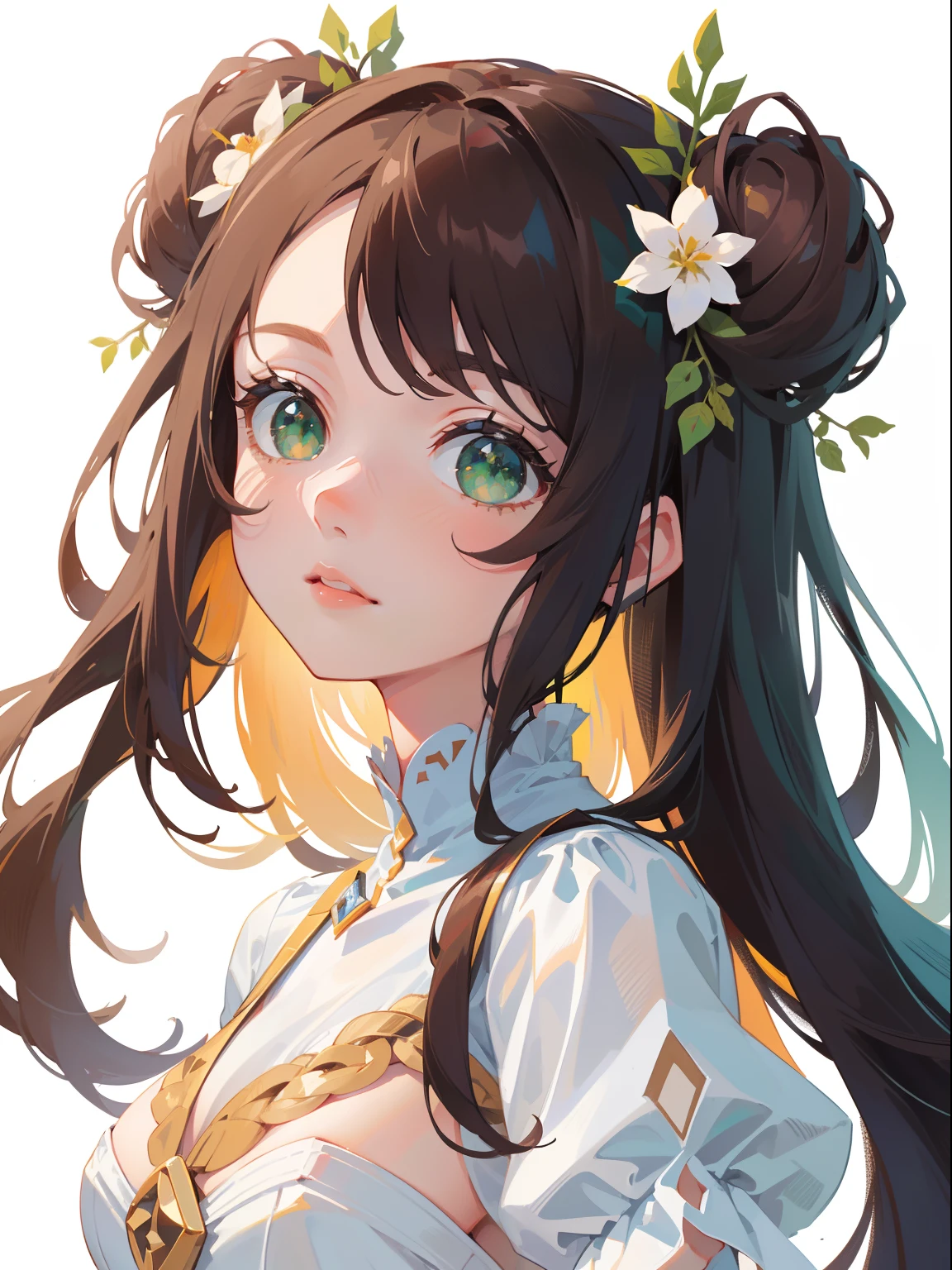 (masterpiece), (best quality), ultra high res, sharp focus, ((1 woman, solo)), character design, beautiful detailed hair, chestnut brown hair, long hair tumbles down, beautiful detailed face, ((beautiful shape eyes, green eyes)), perfect feminine face, comfortable  face, feminine light homey outfit, (white background:1.5)