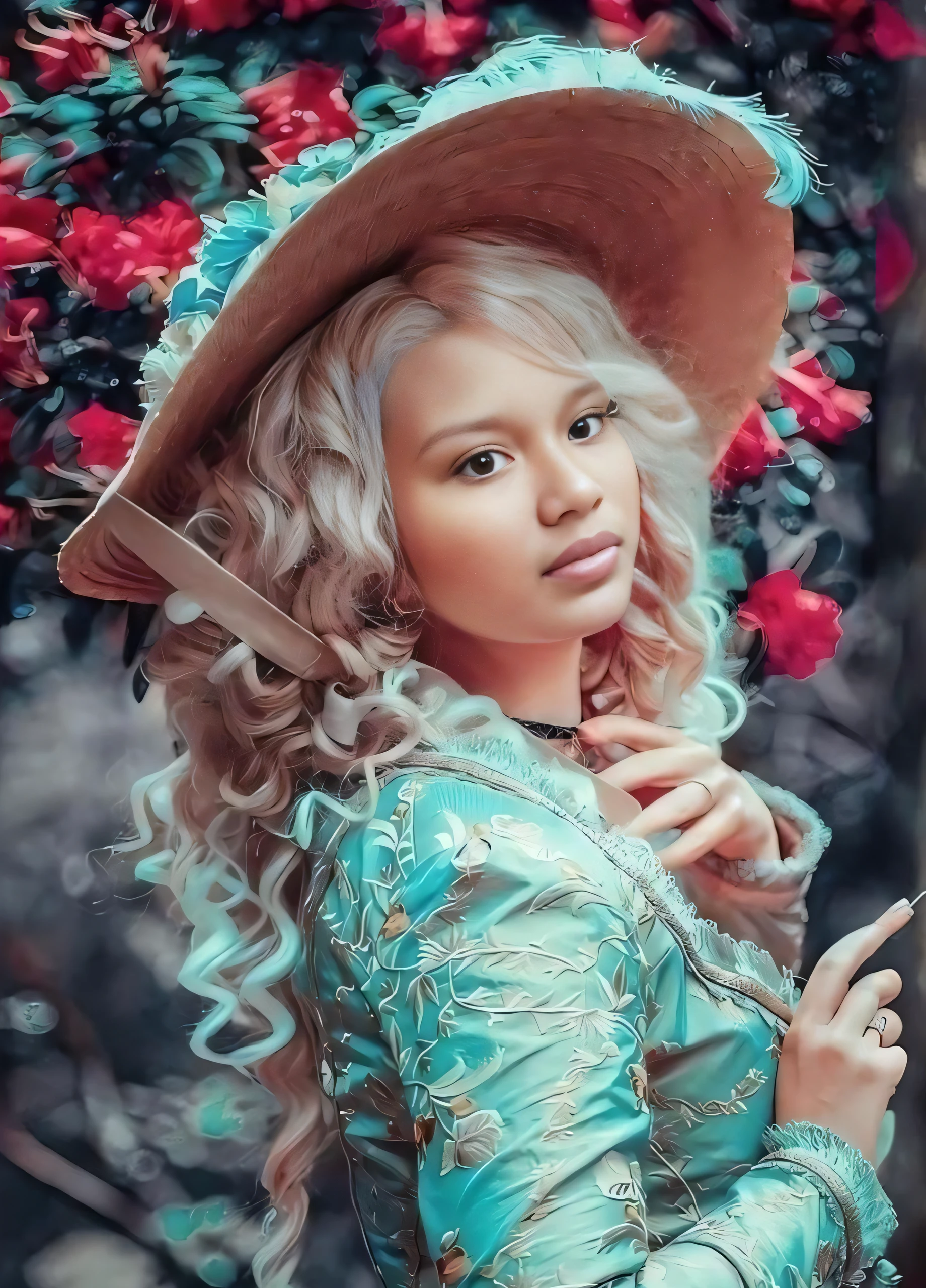 Arafed woman with a hat and a blue dress posing for a photo, linda senhora, loiro encaracolado, cabelos loiros cacheados, longos cabelos loiros claros cacheados, cabelos loiros cacheados, pale skin curly blond hair, Yelena Belova, cabelos loiros muito cacheados, cabelos loiros cacheados muito longos, glamour da cor do retrato, Fanart, cabelos loiros cacheados | d & d