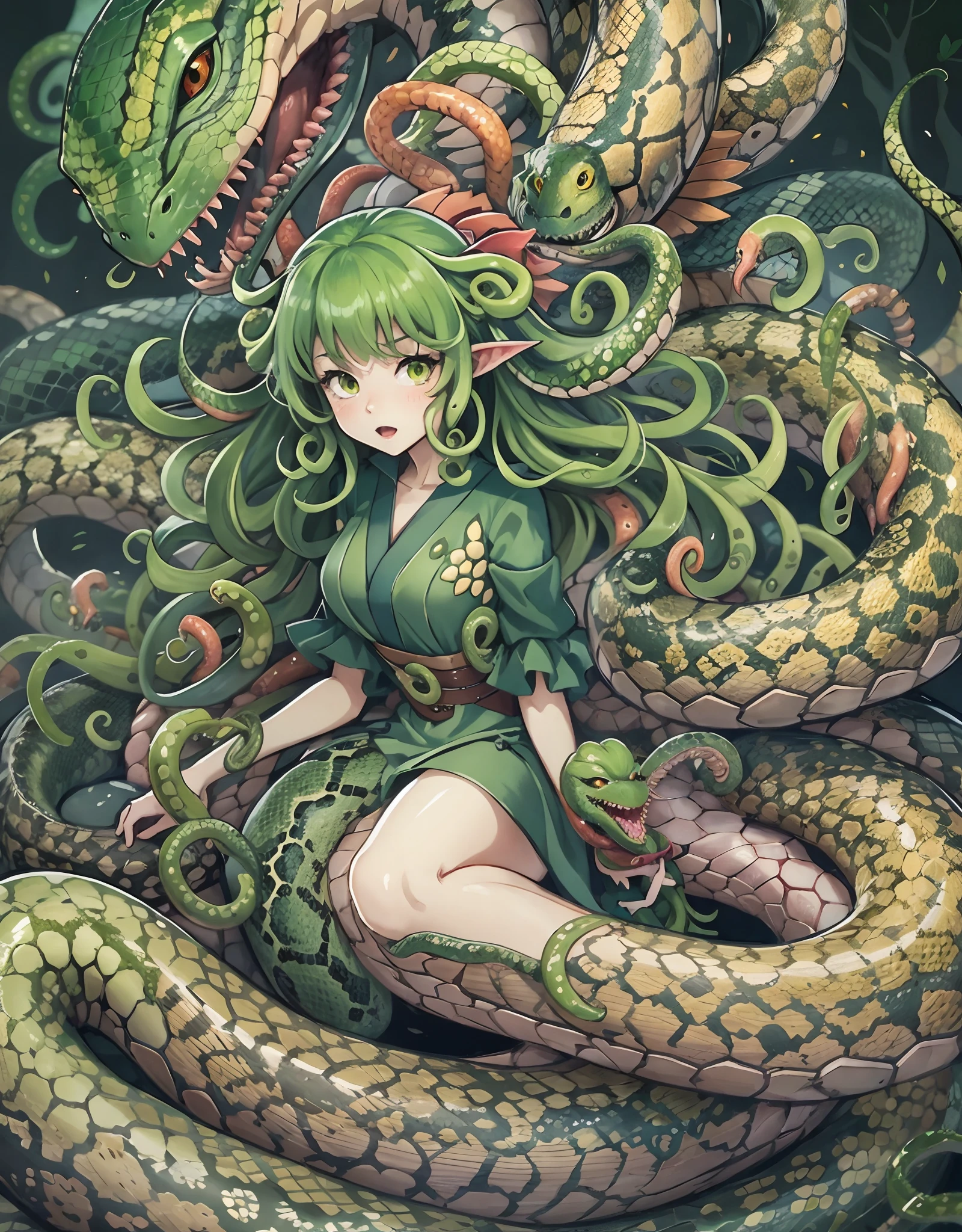 detailed snake skin、Cartoon photo of woman with green dress and green tail、anime monster girl、lamia、Hot reptiles、humanoid woman、tatsumaki with green curly hair、tentacle beasts、Polychaetes、Monster Girl、Snake Pose、Tentacle monsters、detaile。animesque。tentaculata