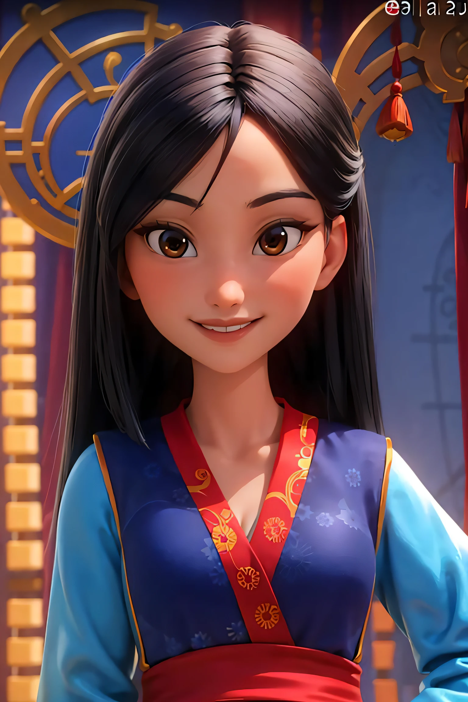 portrait, looking at viewer, smiling, teeth,
1girl, solo, blunt ends, brown eyes, long hair,
blue hanfu, layered dress, red sash, cleavage,
outdoors, Chinese courtyard, china, summer
volumetric lighting, masterpiece, best quality