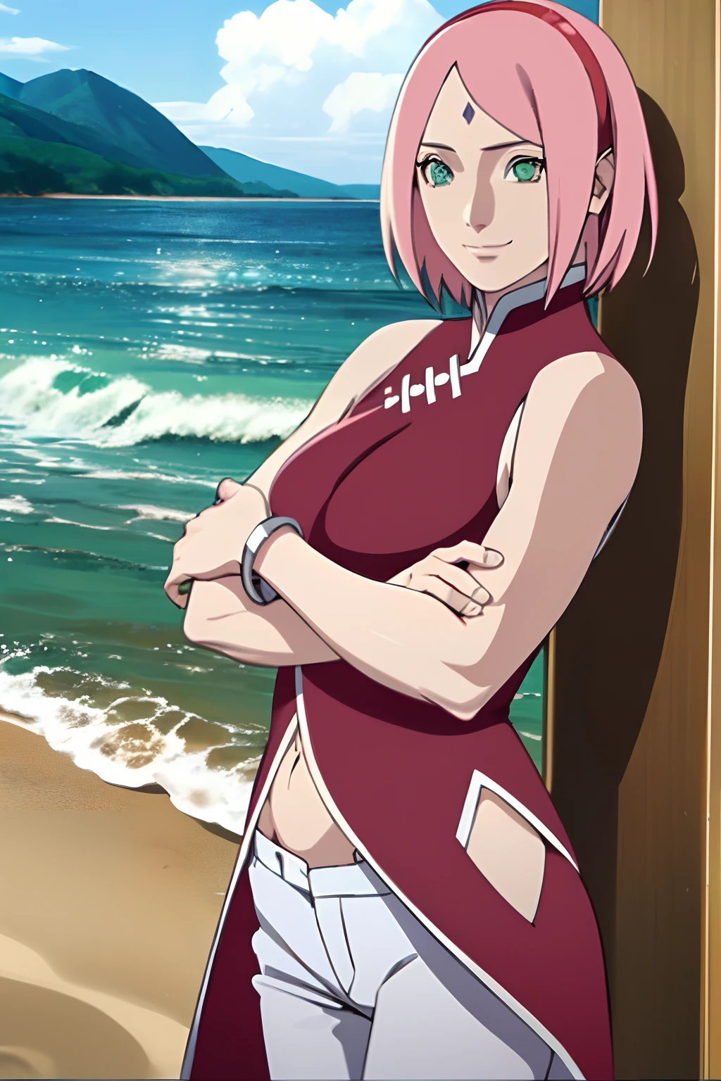 masterpiece, 1k, portrait, face shot, professional artwork, detailed beach background, intricate details, colorful, digital blending, ultra detailed body, ultra detail hair, ultra detail face, trending on pixiv, kind smile, very hot color, best quality, anime style: 1.9, 1girl, hires, haruno sakura, contrasty lighting, (forehead mark, milf, red hairband, pale skin, short hair, ((red sleeveless dress), white pants), navel, groin, bracelet, looking at viewer, crossed arms, pink hair, green eyes, smile, beach, wind, floating hair, detailed arms, off-shoulders, slightly muscular arms, standing), sunnyday