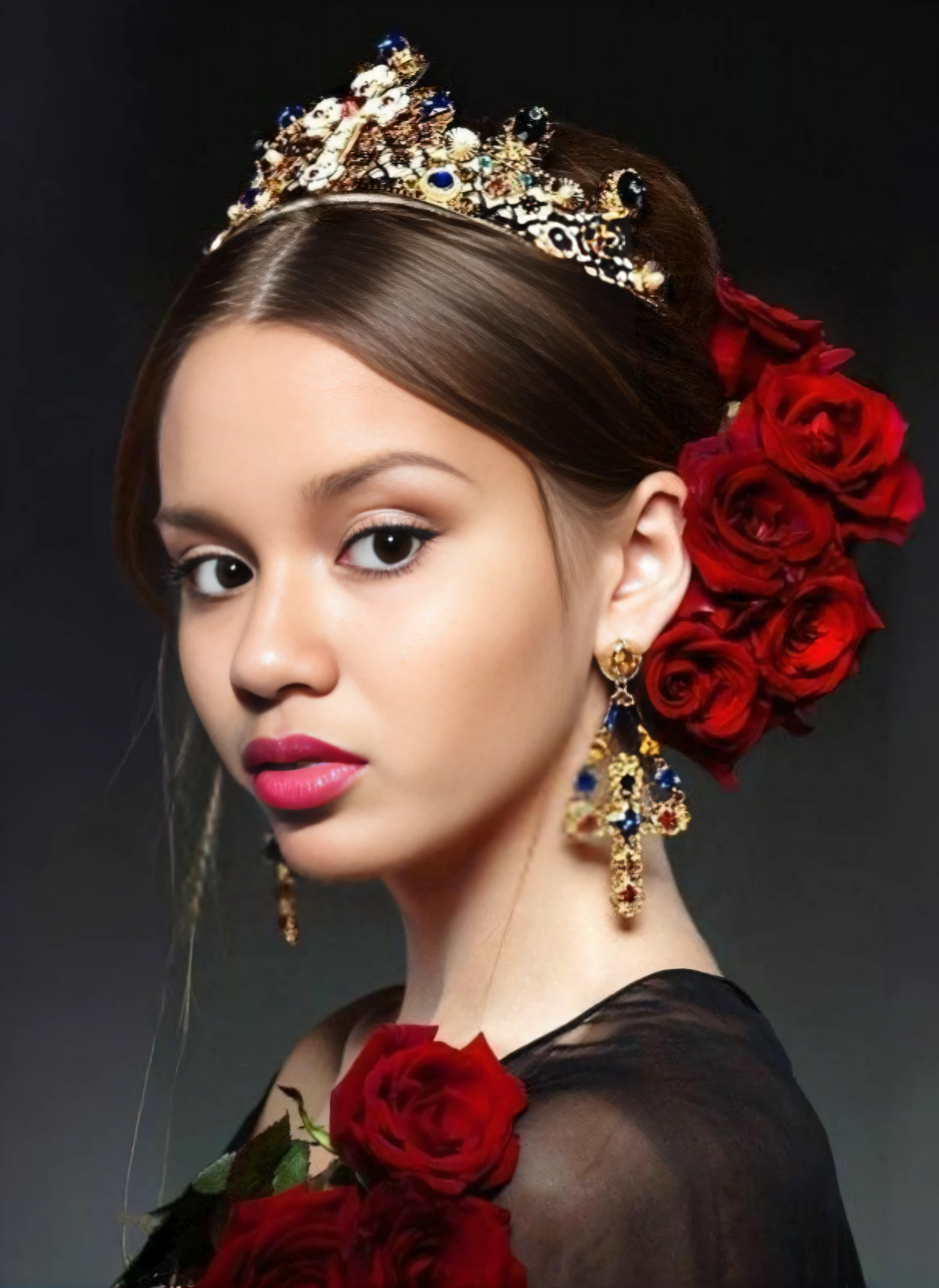 uma mulher com uma tia e uma rosa no cabelo, doce & Campanha Gabbana, Estilo de Julia Razumova, inspirado em Olga Rozanova, rainha bonita, Taran Dasha, mulher linda, beleza de cair o queixo, coroa de rosas, linda mulher bonita, Rosalia, lindo modelo jovem, inspirado em Nina Petrovna Valetova, muito bonito