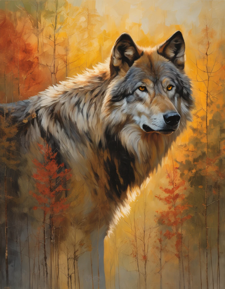 A wild wolf in its natural habitat, a dense forest during dusk. The wolf stands majestically, its fur illuminated by the soft golden rays of the setting sun filtering through the trees. The wolf's piercing eyes convey a sense of primal intelligence and caution. The forest background is rich in detail, with intricate foliage and dappled sunlight. The image should be a digital illustration with a focus on realistic textures and lighting. Draw inspiration from wildlife photographers on platforms like National Geographic and 500px. Use a 300mm+ camera lens for a close-up shot, capturing every nuance of the wolf's expression and fur. Lighting should emphasize the warmth of the sun's rays and create a sense of depth and dimension. The resolution should be at least 4K for intricate detailing.
