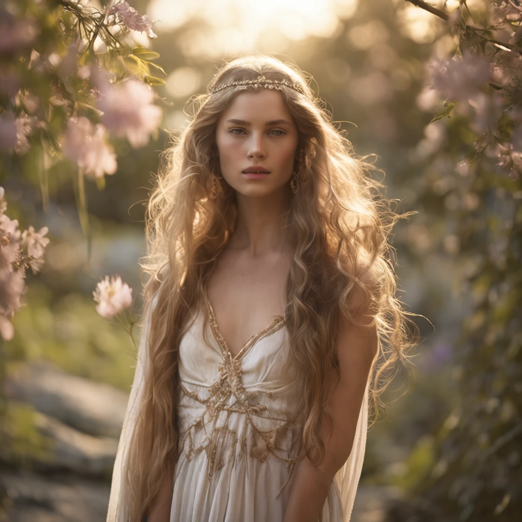 RAW photograph, high quality picture of a 18 yo english woman, a bacchante, photorealistic, cinematic, dramatic, perfect face, well formed facial features, calm peaceful happy sexy expression, glowing pale white skin, soft skin, long loose flowing fair hair, flowers in her hair, small breasts, topless, perfectly formed breasts, beautiful flowing grecian style skirt, jewelry, dancing by a lake, sunset, low light, bokeh, short depth of field, low contrast, shadows, accurate face, high quality, ultra detailed, detailed facial features, accurate hands, accurate fingers, accurate feet, sensual, HD, 4k, 8k, JW Waterhouse