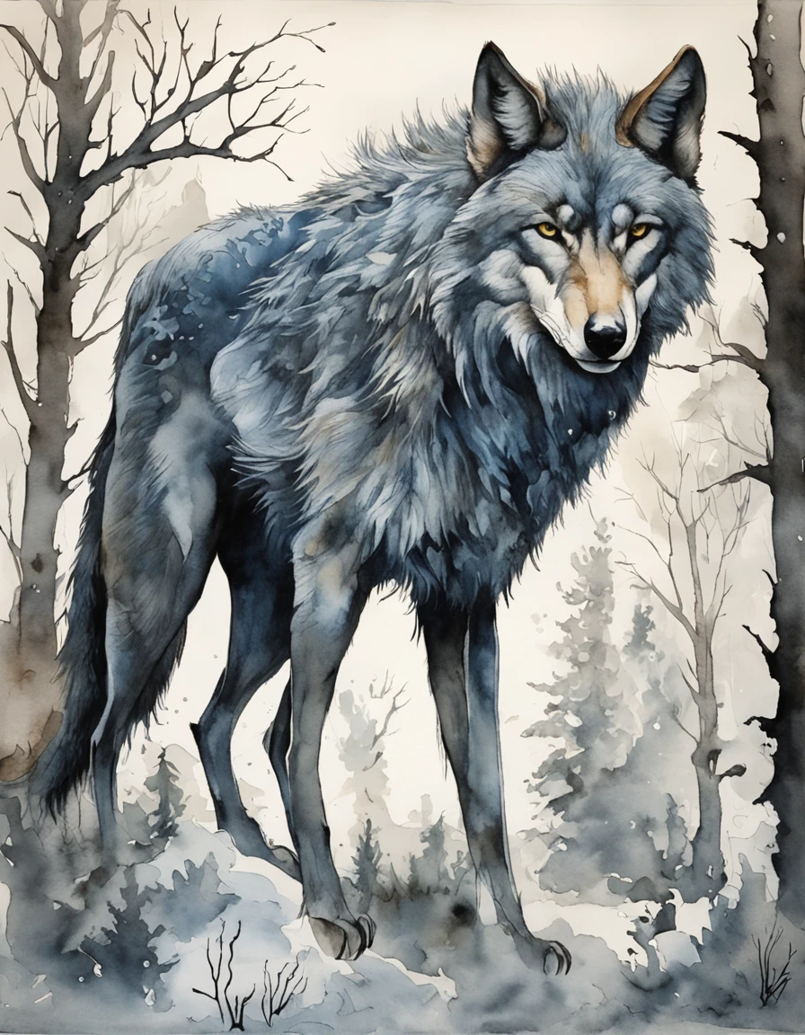 A wild wolf, its demeanor fierce and untamed, prowling through a moonlit forest. The atmosphere is tinged with an eerie bluish glow, casting elongated shadows as the wolf moves with stealth. The forest is rendered in a surrealistic style, with trees taking on unusual shapes and twisted branches. The inspiration for this image can be drawn from the works of artists like Salvador Dali and H.R. Giger. The image should be a digital illustration that blends the wolf's natural traits with a touch of otherworldly elements. Use a fish-eye camera lens to capture the distorted perspective of the forest, enhancing the surreal feel. Lighting should focus on the moon's cold radiance, creating a dreamlike and mysterious ambiance.