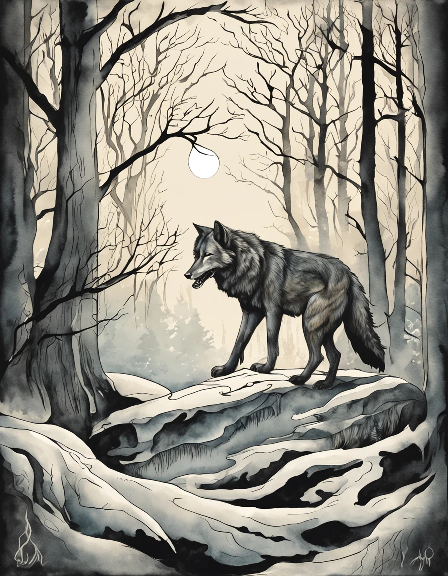 A wild wolf, its demeanor fierce and untamed, prowling through a moonlit forest. The atmosphere is tinged with an eerie bluish glow, casting elongated shadows as the wolf moves with stealth. The forest is rendered in a surrealistic style, with trees taking on unusual shapes and twisted branches. The inspiration for this image can be drawn from the works of artists like Salvador Dali and H.R. Giger. The image should be a digital illustration that blends the wolf's natural traits with a touch of otherworldly elements. Use a fish-eye camera lens to capture the distorted perspective of the forest, enhancing the surreal feel. Lighting should focus on the moon's cold radiance, creating a dreamlike and mysterious ambiance.