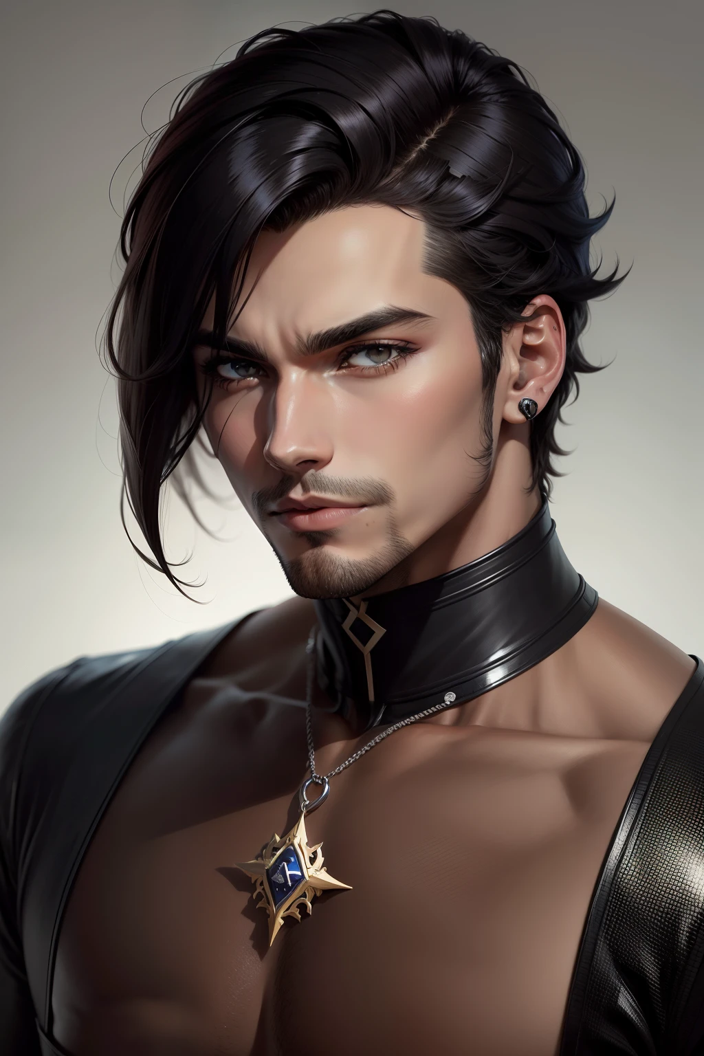 homem estilo anime, cabelo preto e corte, Formato X do olho esquerdo, cor castanha dos olhos, close lips, mau humor