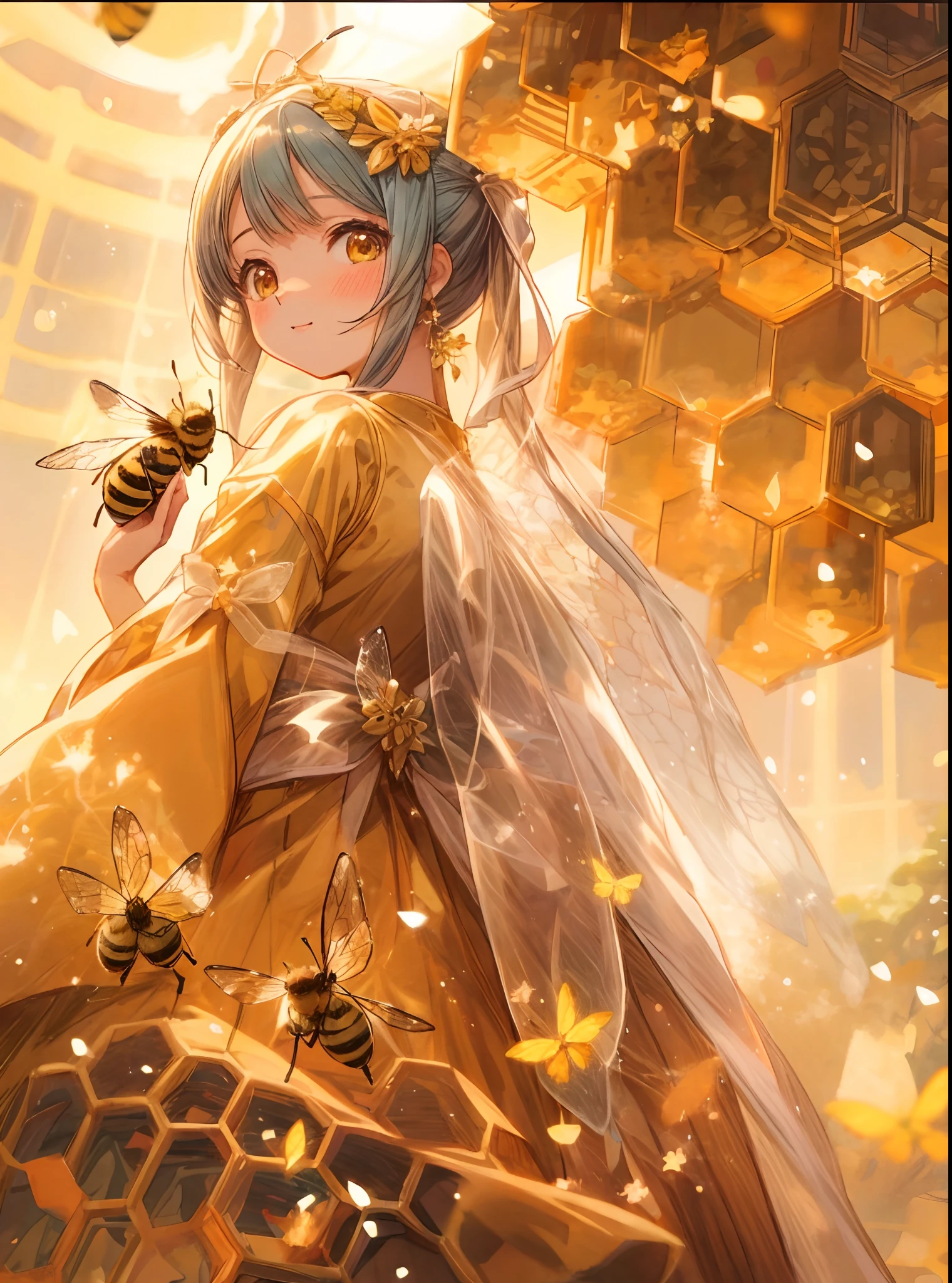 anime girl in a dress dress with honeycombs and bees, fantasy beekeeper, pixiv contest winner, human structure bee concept art, trending on artstation pixiv, anime visual of a cute girl, beautiful anime artwork, kawacy, among golden fireflies, clean detailed anime art, anime fantasy illustration, a beautiful artwork illustration, official art