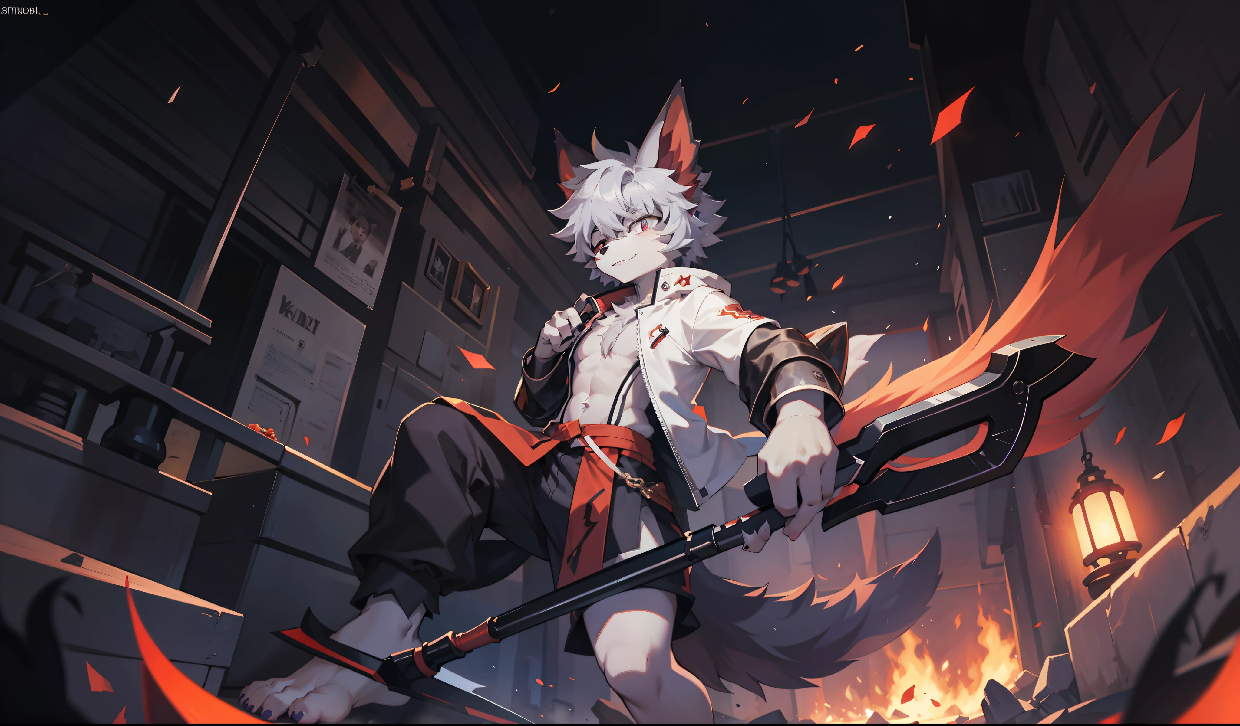 overcast light,Dim environment,dark themes,solo person,Furry,hairy chest,red fox,Shota,canid,Gray fur,with short white hair,The ends of the hair are purple,a purple eye,Bullied,adolable,Handsome,large tail,full bodyesbian,With a scythe in his hand,Barefoot paws,furry paw,Young style,Whole body diagram,Stand up,Look up from the bottom up,Big perspective,canine feet,Strike a hack-and-kill pose