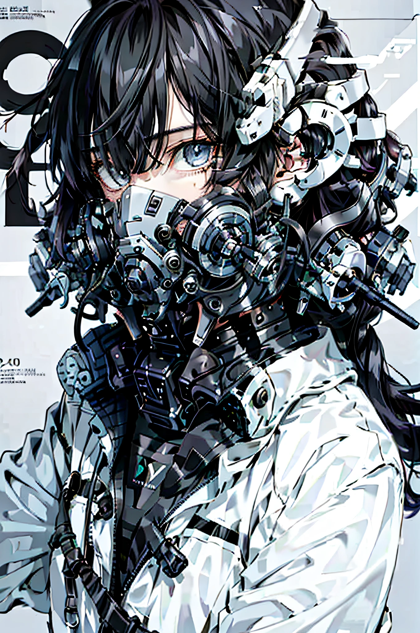 (MagazineCover:1.3),Ulzzang-6500, (Realistic: 1.3) (Original: 1.2), Masterpiece, Best quality, Beautiful clean face, full bodyesbian, 1womanl, (wearing black and white and cobalt scifi techmask and headphones with complex electronics), wearing black techwear jacket and orange trousers with buckle and tape, (Crystal necklace), posed for photo, (Brunette hair, Braids,), steampunc