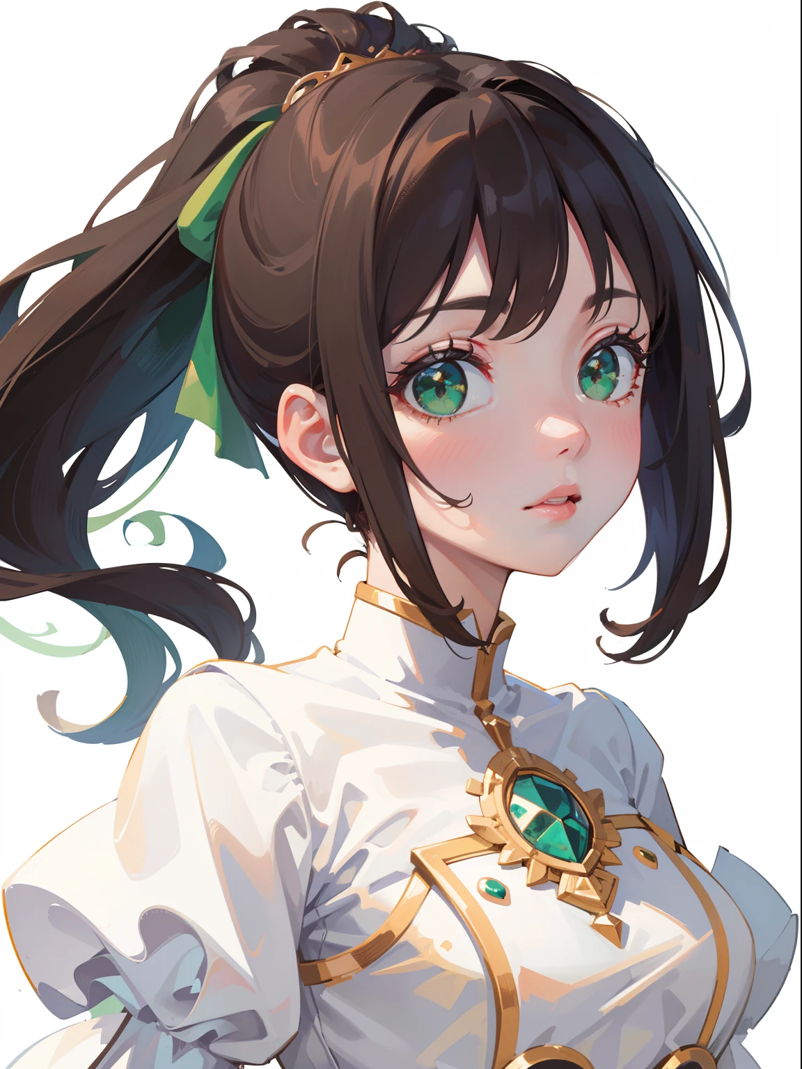 (masterpiece), (best quality), ultra high res, sharp focus, ((1 woman, solo)), character design, beautiful detailed hair, chestnut brown hair, long hair tumbles down, beautiful detailed face, ((beautiful shape eyes, green eyes)), perfect feminine face, comfortable face, feminine light homey outfit, (white background:1.5)