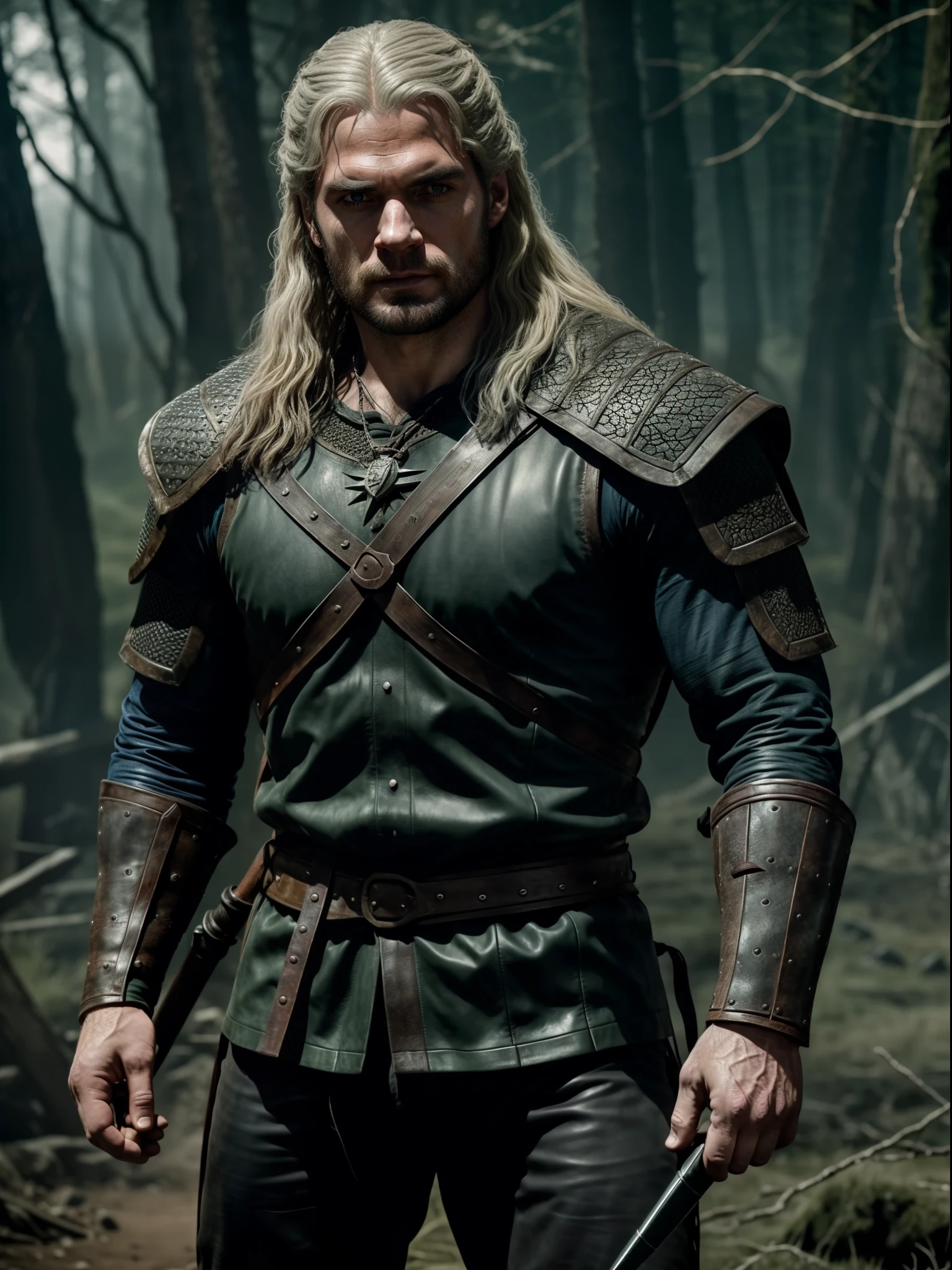Henry Cavill portraying the Witcher in a captivating and dynamic manner, showcasing his rugged charm and intense determination in an epic fantasy world.
