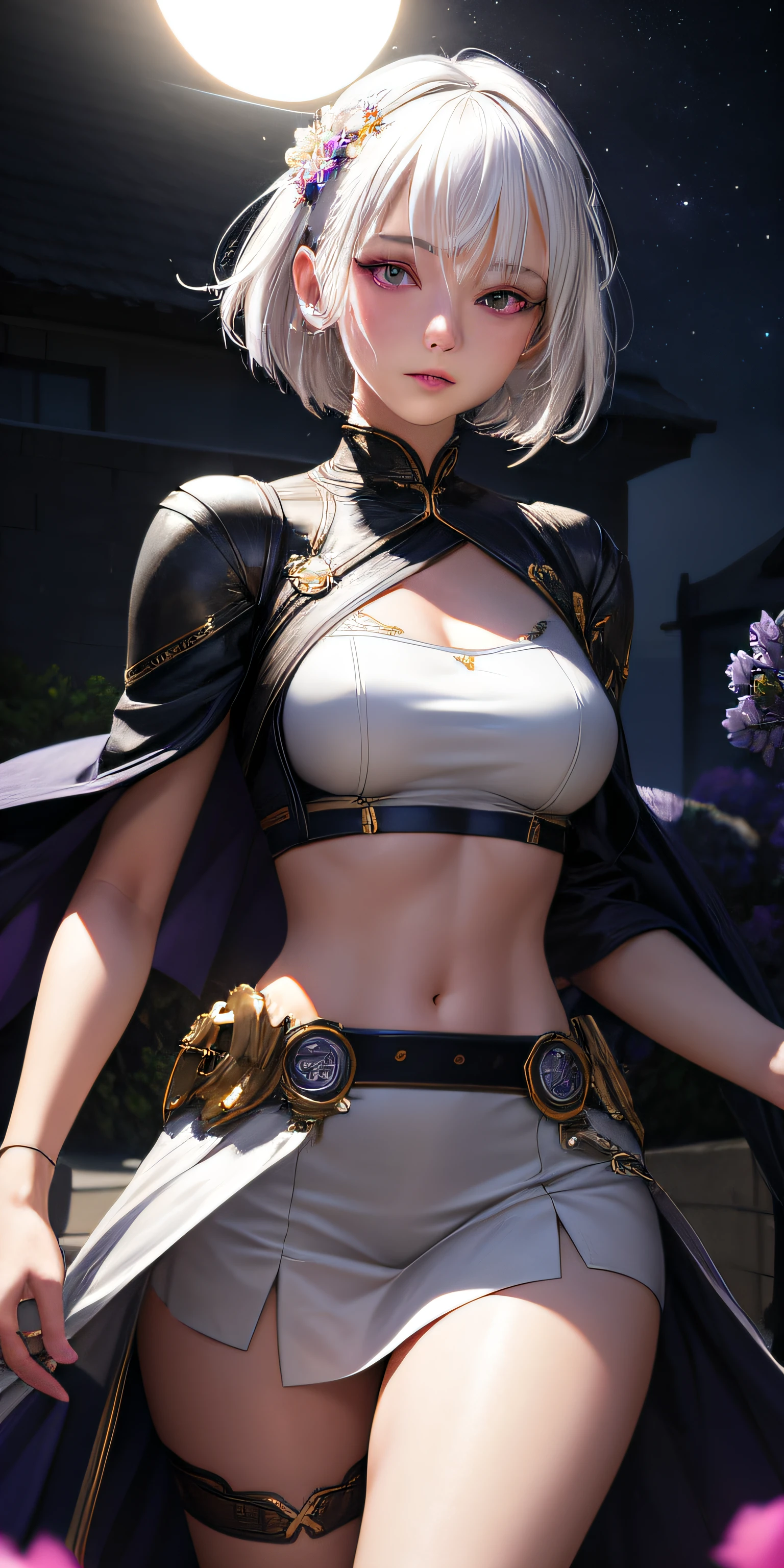 realistic, 1girl, white hair, purple eyes, glowing eyes, crop top, skirt, parted lips, blush, night, flowers, sun, sunlight,
