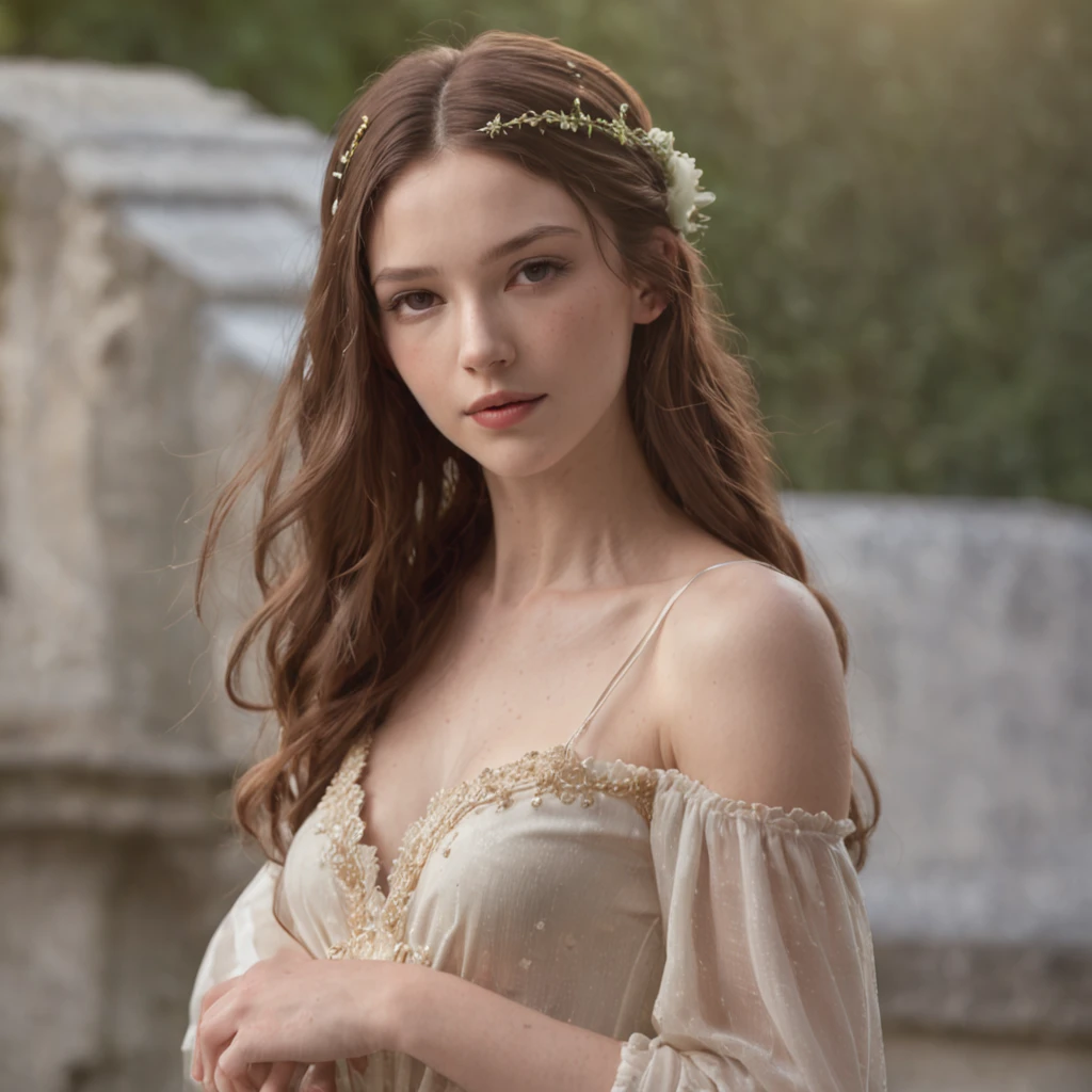 RAW photograph, high quality picture of a 18 yo english woman, a bacchante, photorealistic, cinematic, dramatic, perfect face, well formed facial features, calm peaceful happy sexy  expression, glowing pale white skin, soft skin, long loose flowing fair hair, flowers in her hair,  small breasts, topless, perfectly formed breasts, beautiful flowing grecian style skirt, jewelry, dancing by a lake, sunset, low light, bokeh,  short depth of field, low contrast, shadows, accurate face, high quality, ultra detailed, detailed facial features, accurate hands, accurate fingers, accurate feet, sensual, HD, 4k, 8k, JW Waterhouse