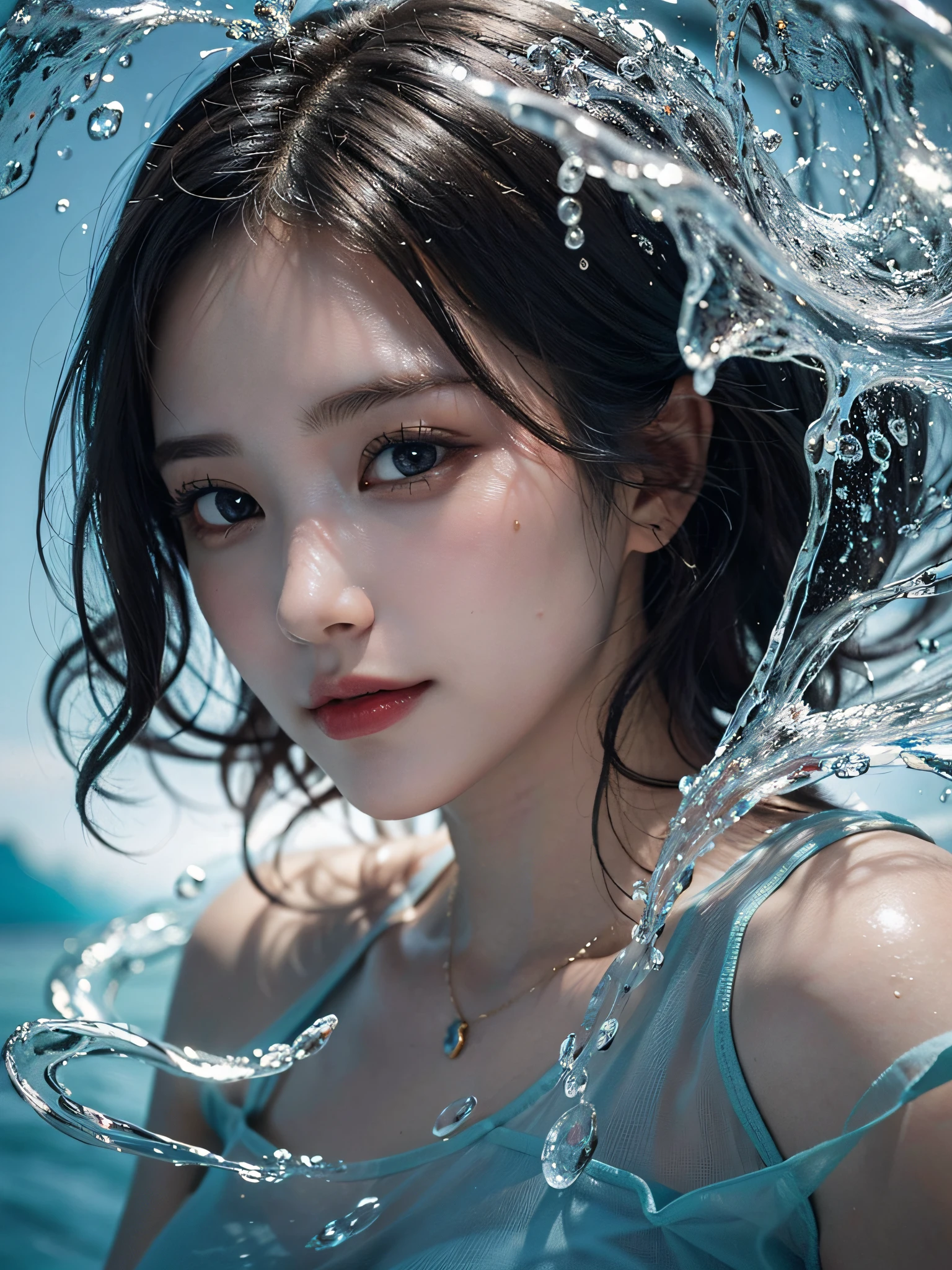 best quality, ultra detailed, beautiful detailed face, complete anatomy, 1girl, solo, submerged water, partially submerged, bubbles, shiny skin, sweat,  cloudy sky,