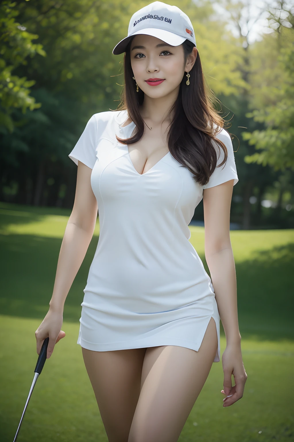 tmasterpiece,high qulity,8k wallpaper,An elegant woman,Beautiful face,ssmile,light make-up,Clavicle chain,,Sexy buttocks,posterior view,Tight print white dress,accentuate figure,Grass background,baiyun,blue-sky,Epic-level graphics