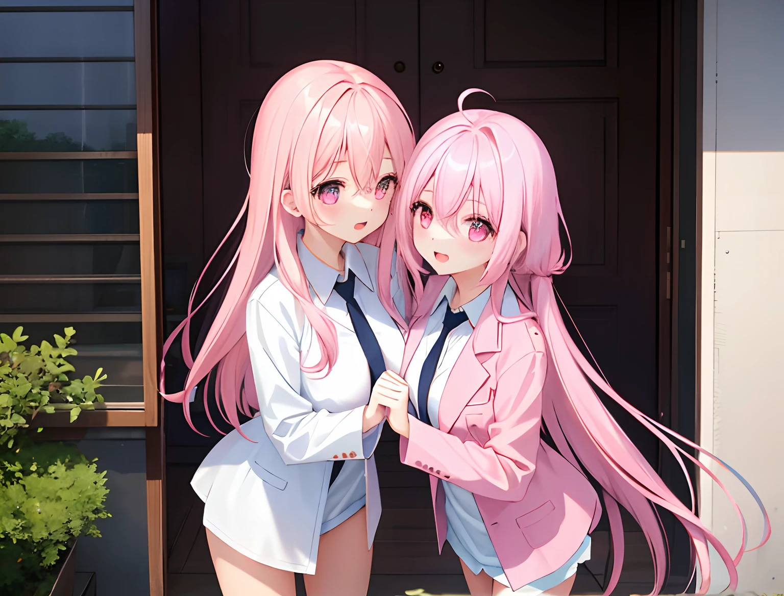 2girls,A pink-haired,long whitr hair,mediuml breasts,比基尼,Breast collision,Light panties,The same clothes