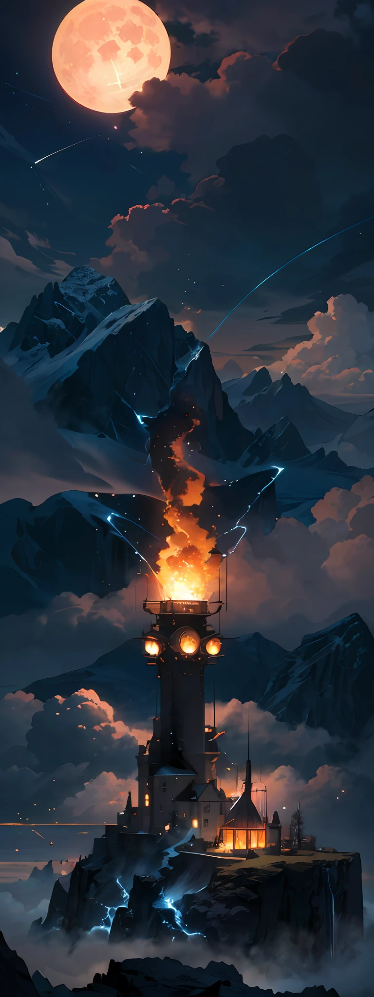 expansive landscape photography, (a bottom view showing the sky above and open country below with a peaked mountain on the horizon with lightning and flames at its top), (full moon: 1.2), (shooting stars: 0.9), ( burning meteor 3.9), (nebula: 1.3), distant mountain, BREAK tree production art, (warm light source: 1.2), (Firefly: 1.2), lightbulb, very orange, very blue, very red, very purple, intricate detail, volumetric lighting, BREAK realism (masterpiece: 1.2), (best quality), 4k, ultra-detailed, (dynamic compositing: 1.4), highly detailed, colorful detail, (iridescent colors: 1.2), ( bright lighting, atmospheric lighting), dreamy, magical, (solo: 1.2), sinister, spooky