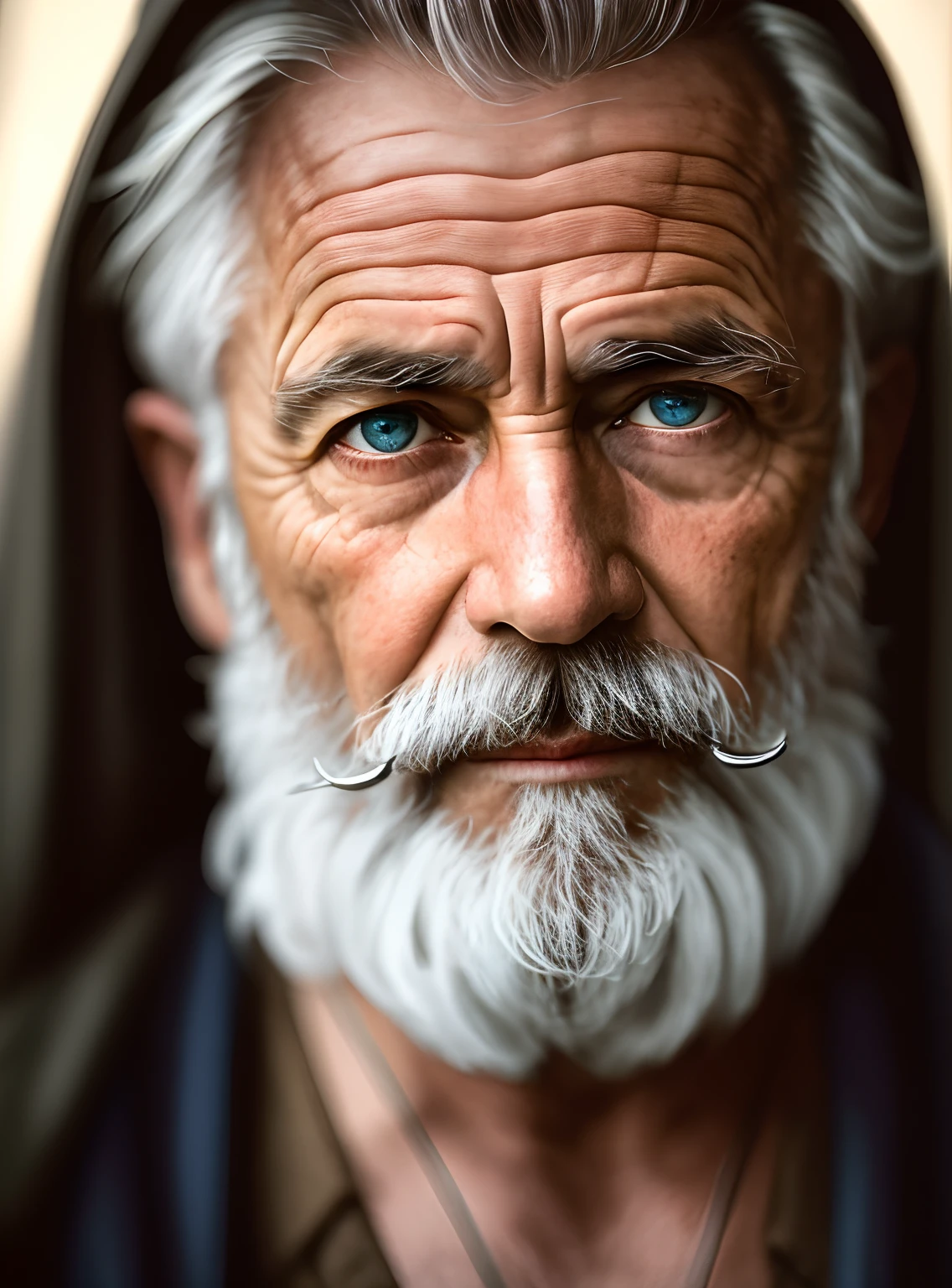 A portrait of a wizard, bearded, wrinkled, weathered, with piercing eyes, detailed face, high details, photography, dark studio, rim light, Nikon D850, 50mm, f/1.4
