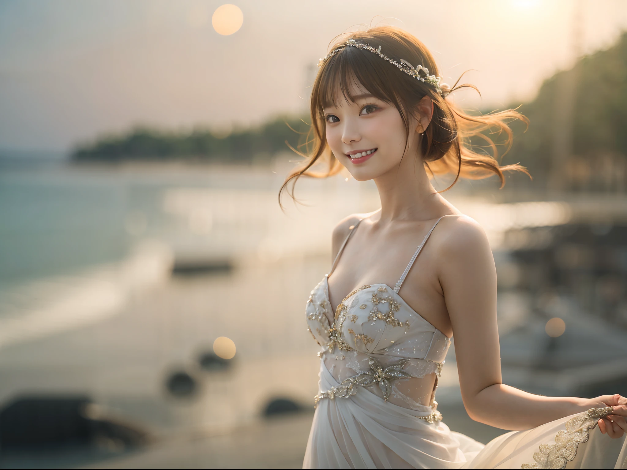 full body Esbian、((lensflare))、((Constricted waist circumference))、((Smiling)),((((27yo)))),(((Smaller bust))))、(((Colorful Wedding Dresses)))、(((Muscle feeling)))、(((photorealisim:6, realisitic)))、shorth hair、pale-skinned、looking at the viewers、the beach、coastline、the wind、vague、 8K UHD、Digital SLR、softlighting、hightquality、top-quality、超A high resolution、(Photorealsitic:1.4)、beautiful smiling face, Beautiful detailed sky, 电影灯光, depth of fields, Lens flare light、(A smile:1.15)、(Mouth closed)tiny chest、beautiful finely detailed eyes、Floating hair Nova frog style