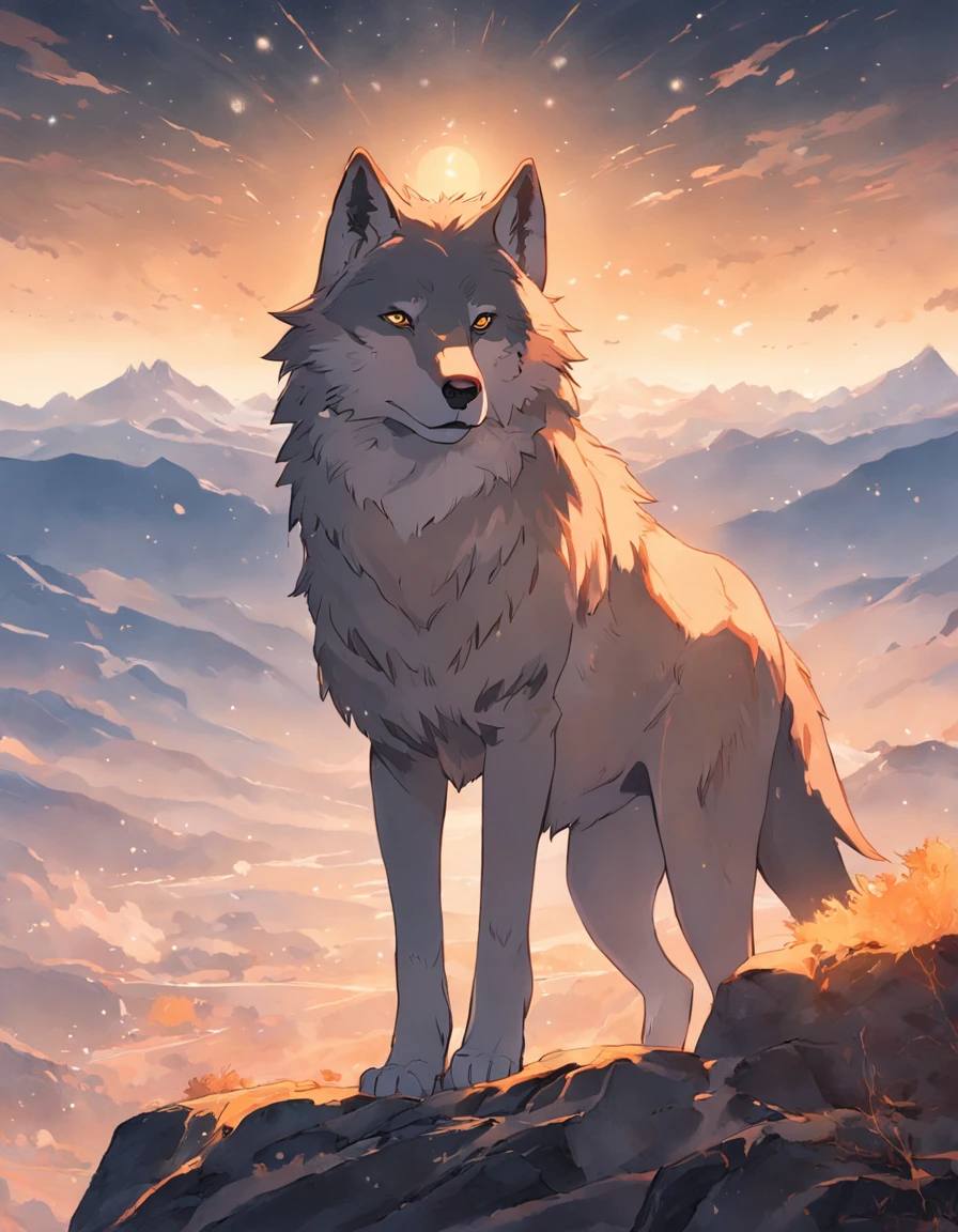 A wild wolf, a guardian spirit of an ancient tribal realm, standing atop a rocky plateau overlooking a vast expanse of rugged terrain. The wolf's fur shimmers with ethereal hues, reflecting the spirits of the land. The landscape is bathed in a warm, sepia-toned light that adds a sense of nostalgia and reverence. The style of this image is influenced by Native American art and symbolism. The image should be a digital illustration that combines the wolf's presence with spiritual elements. Use a wide-angle camera lens to capture the grandeur of the landscape and the wolf's commanding stance. Lighting should emphasize the spiritual significance of the scene, creating a connection between the wolf and the land it watches over.