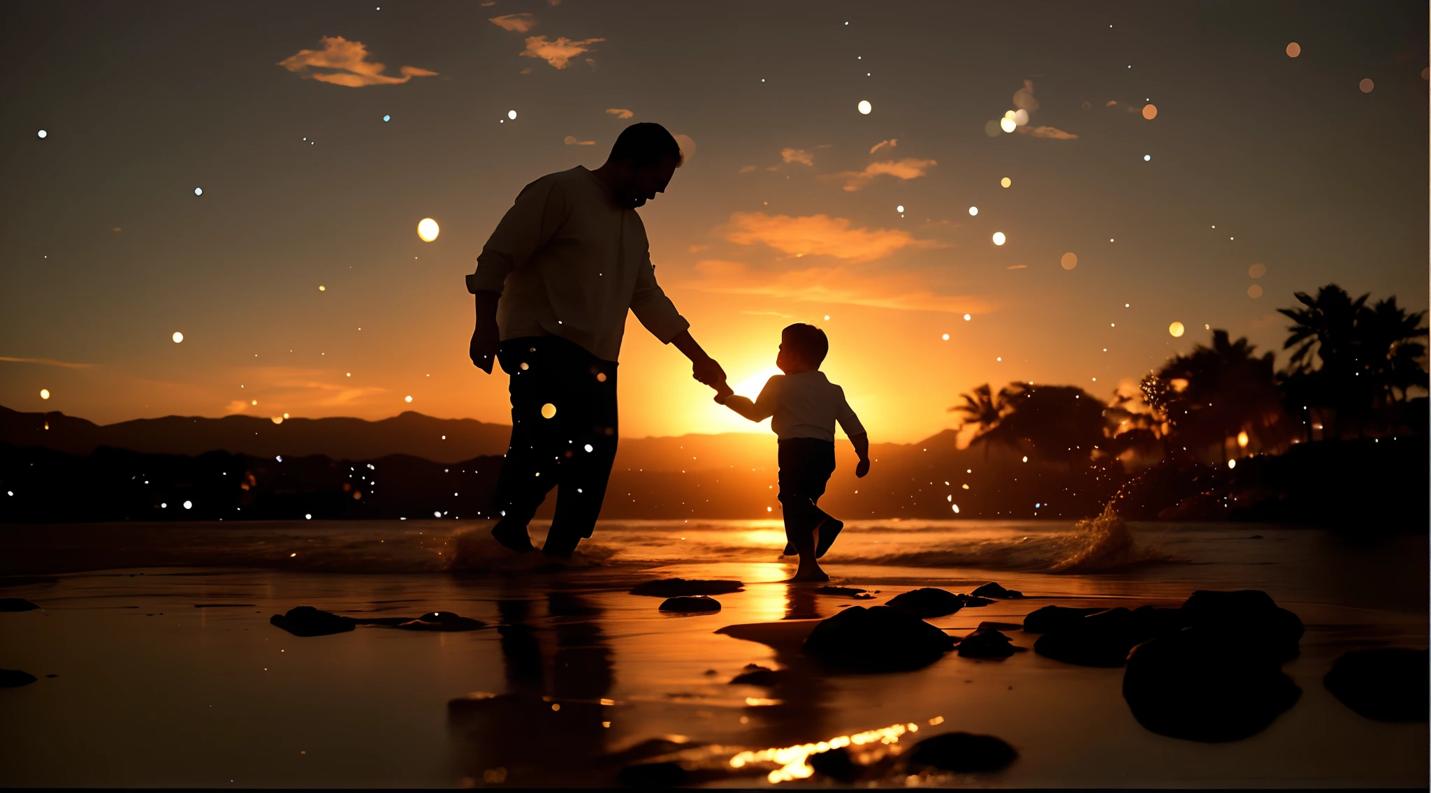 there is a man and a 2 child walking on the beach at sunset, father, absolutely outstanding image, father with 2 child, magical scene, heartwarming, fatherly, the most beautiful scene, take my hand, with lots of glittering light, dad, amazingly composed image, powerful scene, beautiful composition, wonderful scene, grandfatherly, 4 0 9 6, ad image