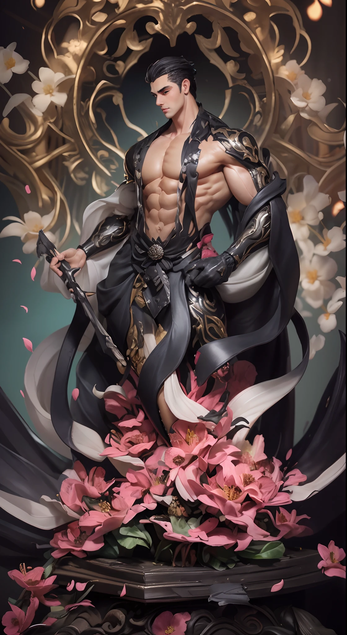 Sculpture design，Figures，GK model，The whole body of the character，base，sexy for，The base is covered with flowers，Handsome，（Exposing the pectoral muscles）Expose muscles，base，Wu Yifan，musculous，Delicate and sophisticated