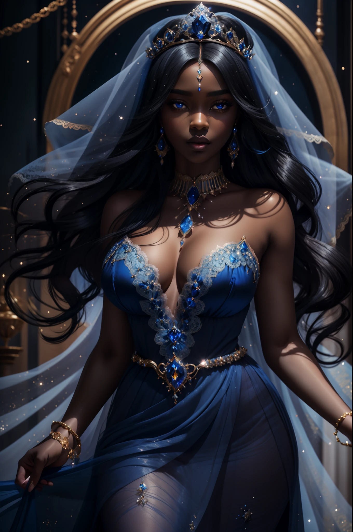 An ethereal beauty with sapphire eyes, porcelain skin, rosy lips, glossy ebony hair, and an elegantly proportioned figure, all crowned by an exquisite celestial blue silk gown adorned with lace and a bejeweled belt, creating an enchanting and goddess-like presence