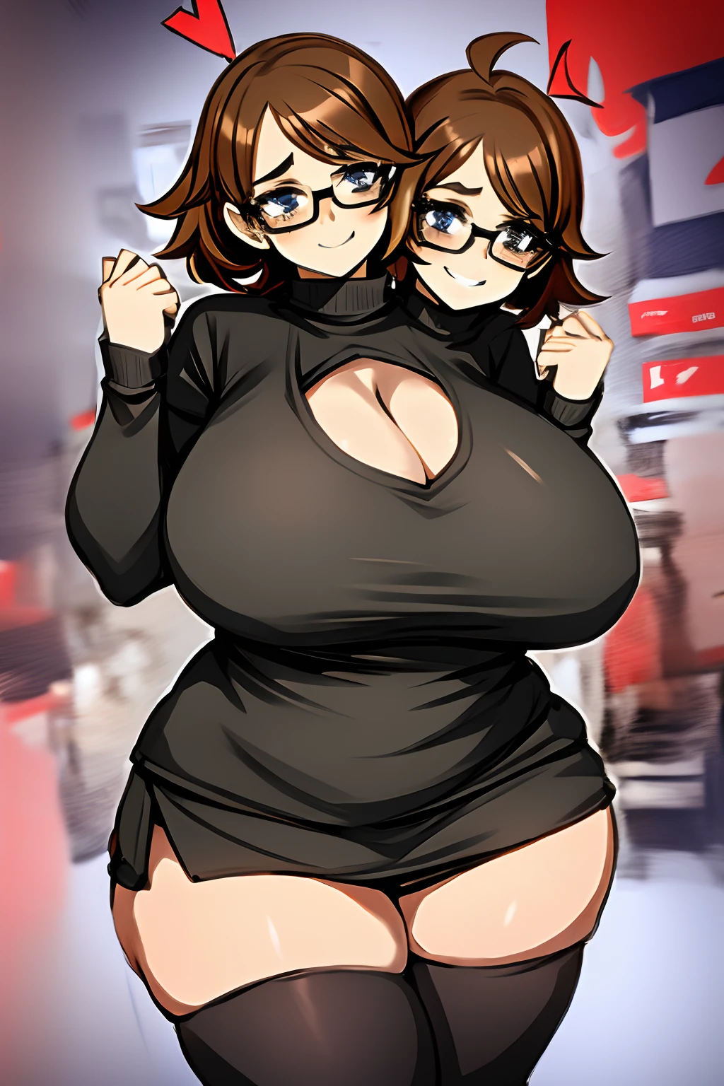 2heads, a very short fat woman with 2 heads.  She has enormous breasts. She is inside a video game store. She looks like a nerd. She has messy hair. She is wearing a sweater and a short skirt. She is wearing thigh-high socks. She has gigantic breasts. She is extremely short. She is very fat. She is blushing. She looks nervous. She is smiling. She has massive breasts. She is very cute and extremely short. She is extremely fat.