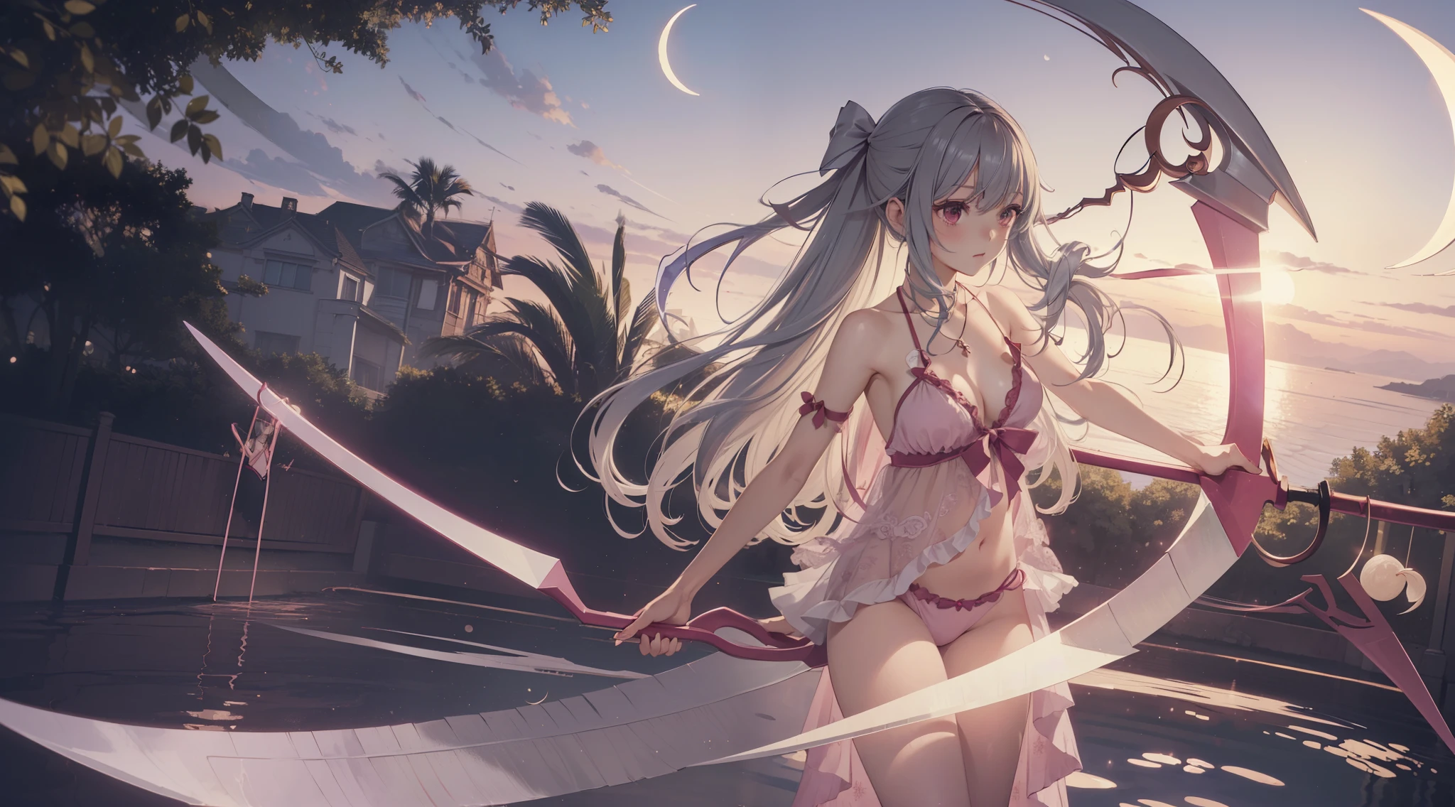 ((Best quality)), ((Masterpiece)), ((Ultra-detailed)), (illustration), (Detailed light), (An extremely delicate and beautiful), Dramatic perspective,A charming young girl,Pink swimsuit,(((Holding a large half-moon-shaped scythe)))