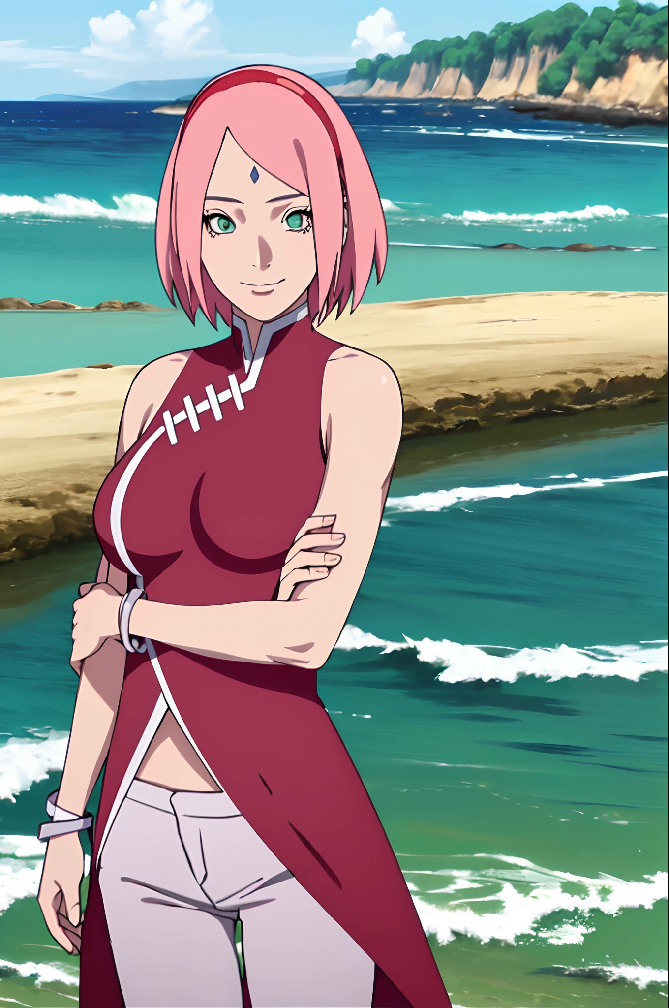 masterpiece, 1k, portrait, face shot, professional artwork, detailed beach background, intricate details, colorful, digital blending, ultra detailed body, ultra detail hair, ultra detail face, trending on pixiv, kind smile, very hot color, best quality, anime style: 1.9, 1girl, hires, haruno sakura, contrasty lighting, (forehead mark, milf, red hairband, pale skin, short hair, ((red sleeveless dress), white pants), navel, groin, bracelet, looking at viewer, crossed arms, pink hair, green eyes, smile, beach, wind, floating hair, detailed arms, off-shoulders, slightly muscular arms, standing), sunnyday