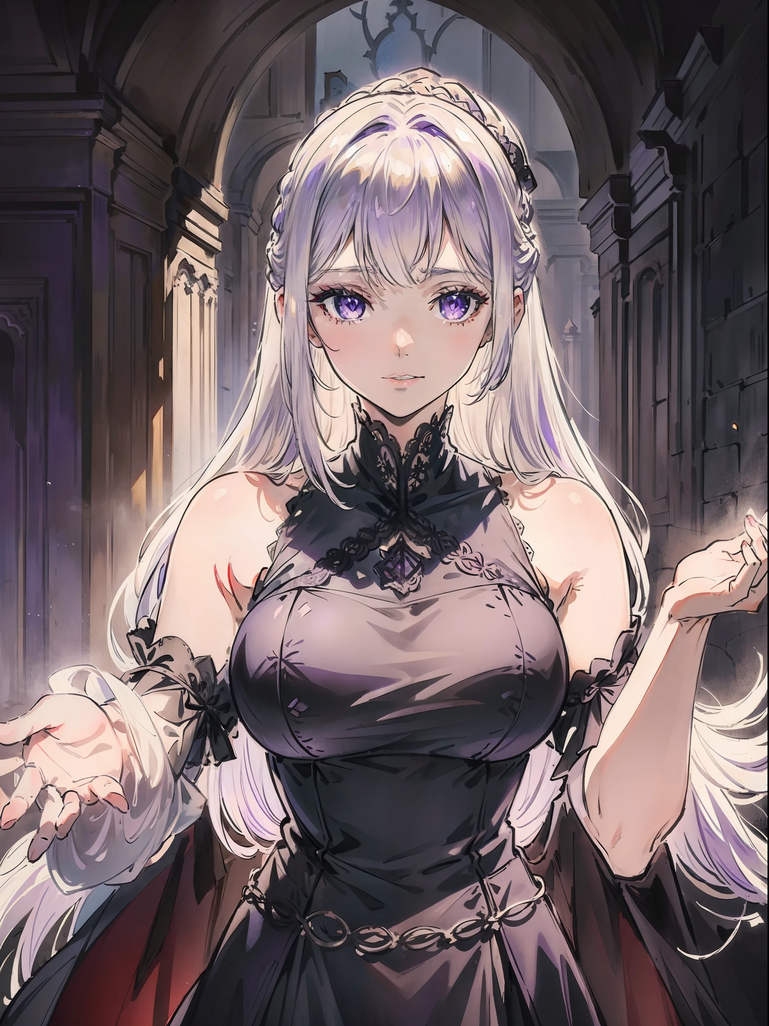 Silvery-white hair,Purple eye,Black dress,Lace,Shoulders exposed,middle ages,Castle,Contre-Jour,Cinematic texture,Light and shadow changes,Pull half of your body closer