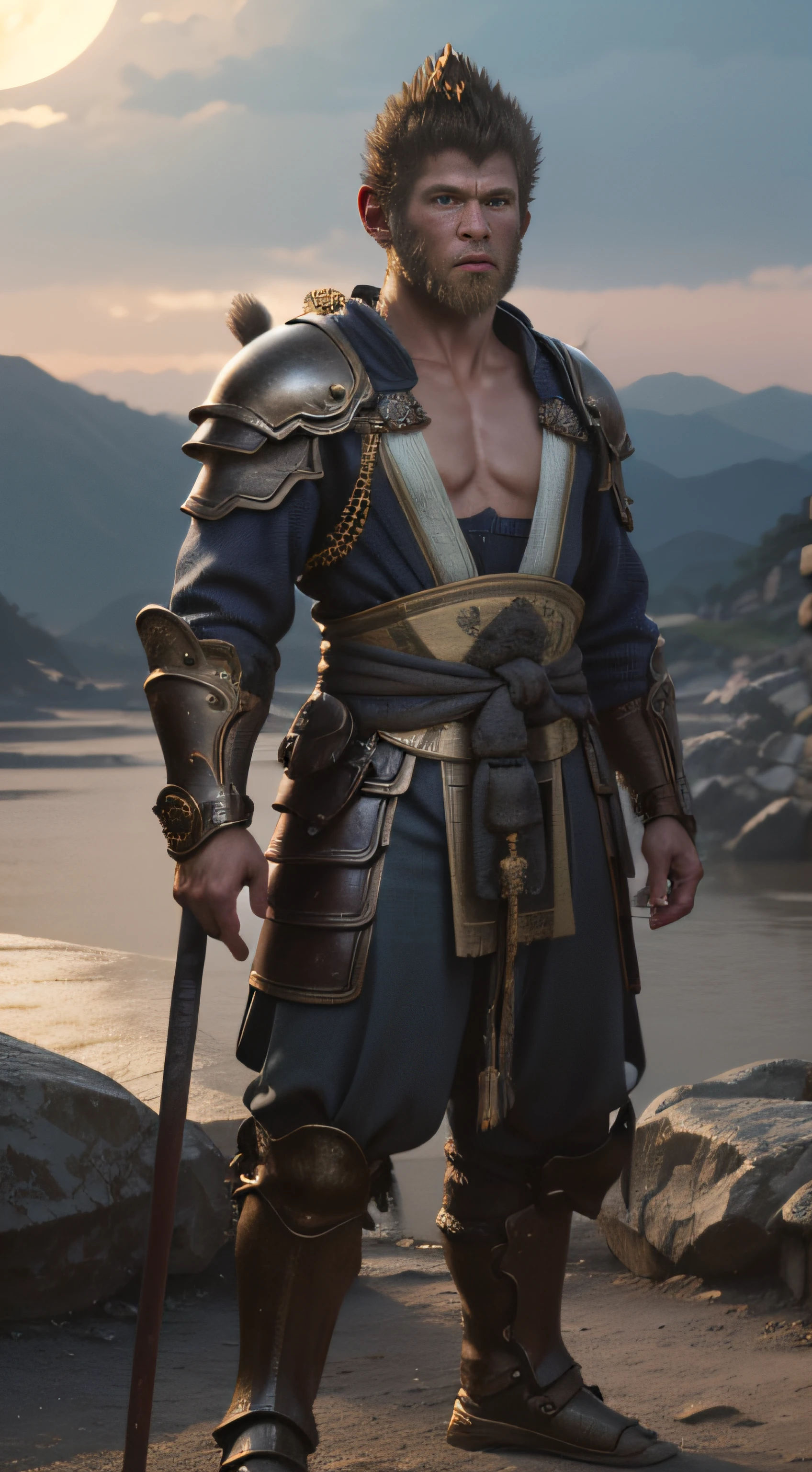 Masterpiece, the highest picture quality, 8K HD, extreme detail, ultra HD, wallpaper, Sun Wukong under the stars, standing in a quiet park in the middle of the battle, he is serious, meticulous wearing beautiful war Buddha armor, monkey hair, golden light blind behind the issue, holding high the golden golden stick ready to fight, this is a full-body photo taken by Sugimoto Hiro, Zhang Yimou movie style, The background is full of stars, very sacred