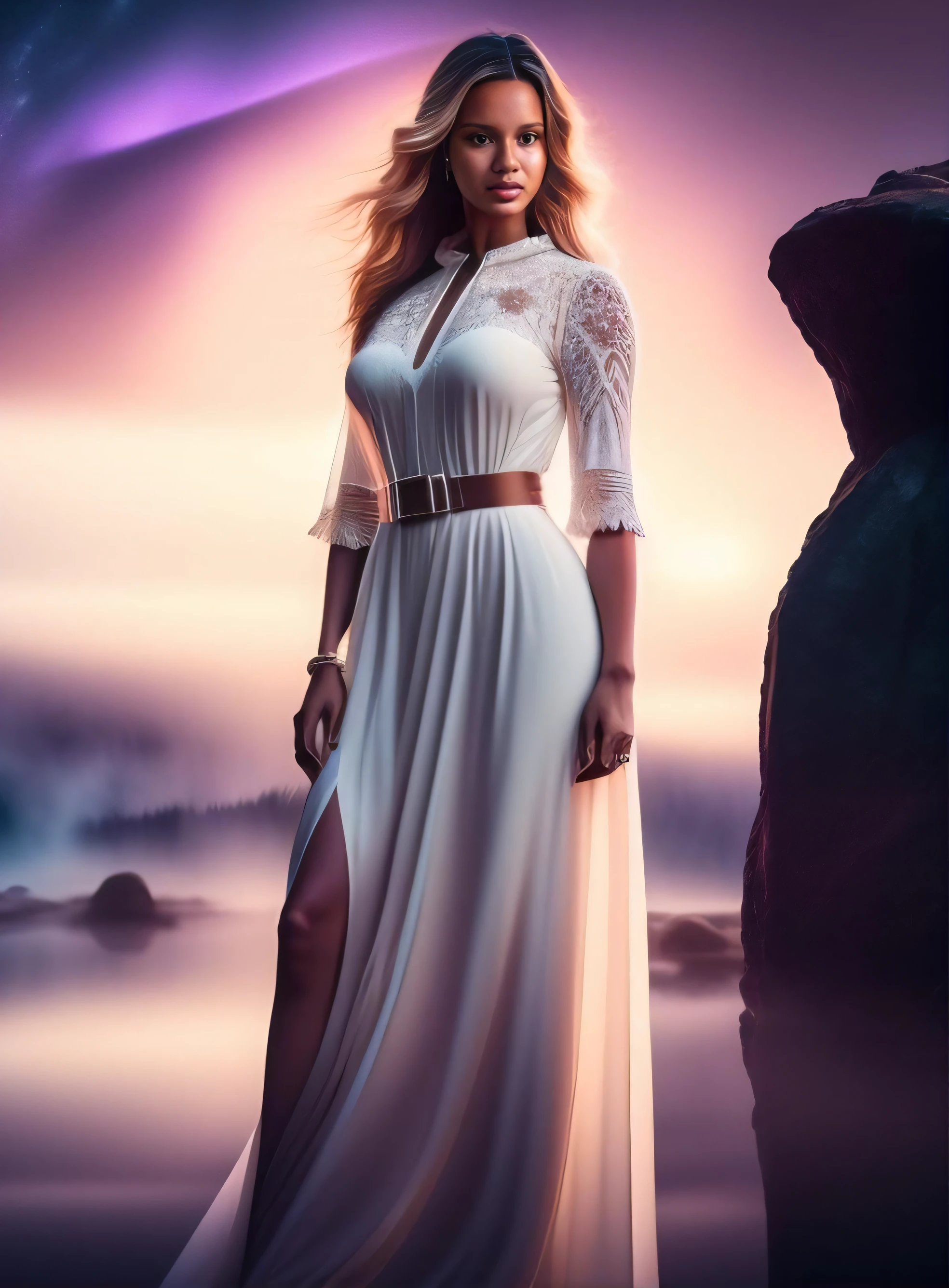 uma mulher em um vestido branco ao lado de um homem em um deserto, dramatic lighting fantasy, vestido leve, vestido branco antigo, Marcos Adamus, photoshoot de moda high-end, Margot Robbie como uma deusa grega, lindo vestido branco longo longo, white flowing dress, wearing a white flowing dress, Estilo de Charlie Bowater, flowing magical robe, vestido branco longo