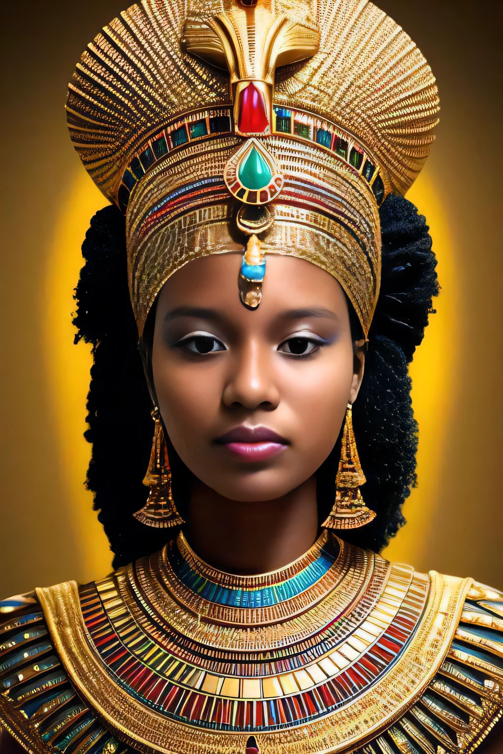 uma mulher em um cocar de ouro e um colar de ouro, Rainha Africanoa, Princesa Africanoa deslumbrante, Princesa negra Africanoa, Princesa Africana, kemetic, Egyptian Princess, beautiful cleopatra, Princesa Libu antiga, wearing an egyptian crown, black emma watson as egyptian, mulher linda, Africano, rainha bonita, mulher Africanoa, Egyptian makeup, cleopatra portrait, cleopatrah, Egyptian