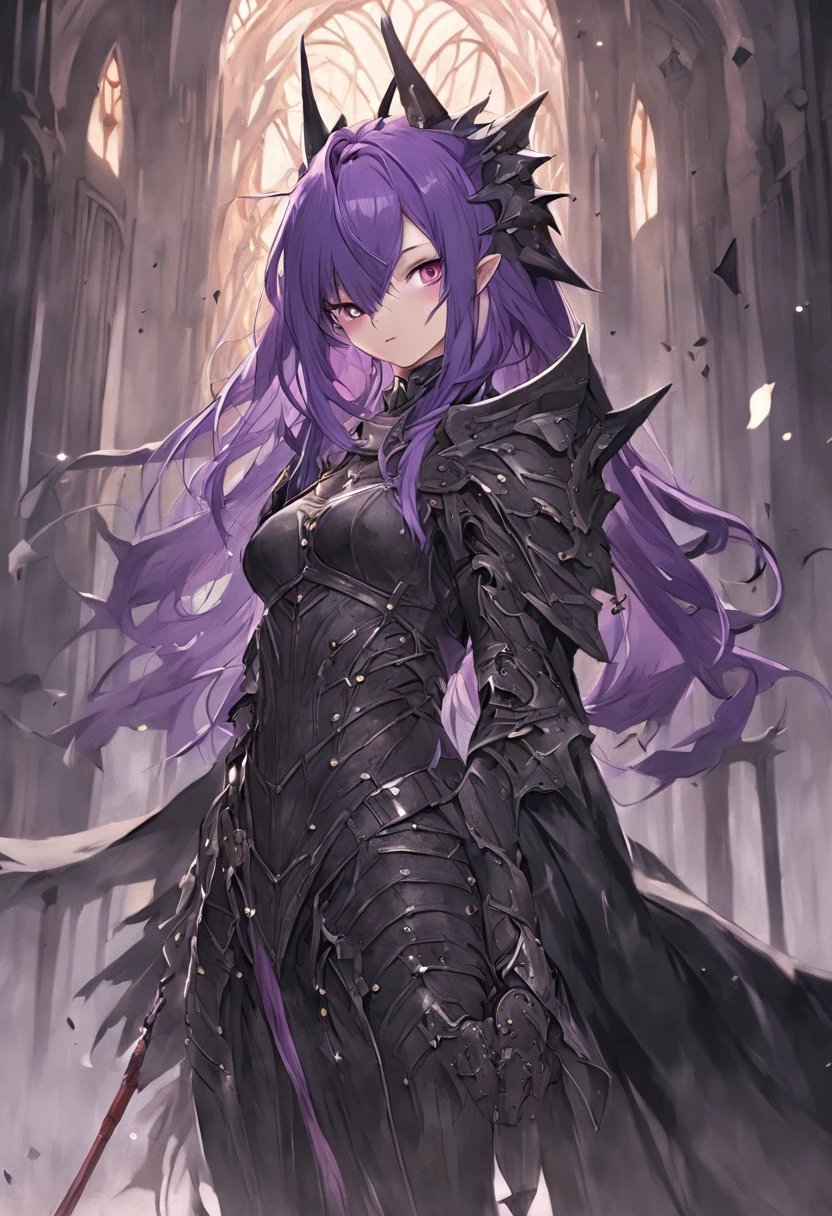 Numerous award-winning masterpieces of, With incredible details, textures and maximum detail, Black leather mask, (knight in black), delicate embellishments, Black full-body metal armor,Covered with scratches, ((((full-body portraits)))), ((head looking up)), ((Looking down)), ((((full-body standing image)))), (dramatic pose), (gorgeous posture), (Beautiful pose), Brown-skinned female, Beautiful silver hair, Beautiful purple hair, black web robe, Armor, Black blade in hand, Strong warriors, fearless warrior, Agile Warrior, Scary monster in the background, fantasy, ((Dramatic photo)), ((dynamic photo)), Full body view, Highly detailed, Ultra-realistic, Intricate details, Painting (artwork of a), ((Masterpiece,Best quality)), ((Cinematic light)), Ultra photo realsisim, fearsome, Dark fantasy , Detailed armor, Detailed helmet, epic realistic, Faded, ((com cores neutras)), art, (hdr:1.5), (pastel colour:1.2), ultra - detailed, (art stations:1.5), Cinematic, warm lights, Dramaticlight, (Intricate details:1.1), the complex background, (rootkowski:0.8), (Teal and orange:0.4), Ruins of an old castle, In the dungeon, Ancient Castle Site, Abandoned mine, Deserted ruins, crumbling ruins, Ruins with clear puddles, Ruins with clear ponds, Ruins with clear calm water, Old ruins infested with plants, Twilight, Sunset, Dusk, wavelets, ripple on water, running water, battlefield, Cat ears, Cat tail, Magic Sword.