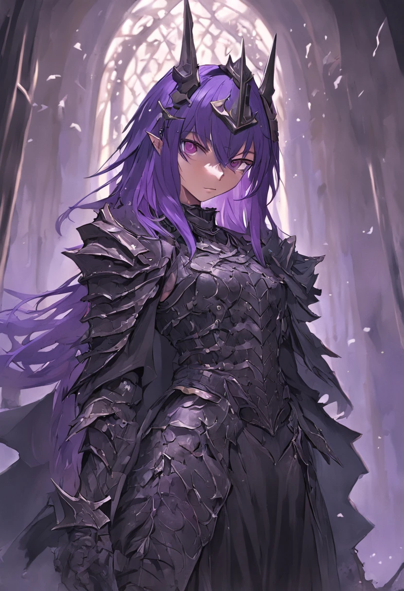 Numerous award-winning masterpieces of, With incredible details, textures and maximum detail, Black leather mask, (knight in black), delicate embellishments, Black full-body metal armor,Covered with scratches, ((((full-body portraits)))), ((head looking up)), ((Looking down)), ((((full-body standing image)))), (dramatic pose), (gorgeous posture), (Beautiful pose), Brown-skinned female, Beautiful silver hair, Beautiful purple hair, black web robe, Armor, Black blade in hand, Strong warriors, fearless warrior, Agile Warrior, Scary monster in the background, fantasy, ((Dramatic photo)), ((dynamic photo)), Full body view, Highly detailed, Ultra-realistic, Intricate details, Painting (artwork of a), ((Masterpiece,Best quality)), ((Cinematic light)), Ultra photo realsisim, fearsome, Dark fantasy , Detailed armor, Detailed helmet, epic realistic, Faded, ((com cores neutras)), art, (hdr:1.5), (pastel colour:1.2), ultra - detailed, (art stations:1.5), Cinematic, warm lights, Dramaticlight, (Intricate details:1.1), the complex background, (rootkowski:0.8), (Teal and orange:0.4), Ruins of an old castle, In the dungeon, Ancient Castle Site, Abandoned mine, Deserted ruins, crumbling ruins, Ruins with clear puddles, Ruins with clear ponds, Ruins with clear calm water, Old ruins infested with plants, Twilight, Sunset, Dusk, wavelets, ripple on water, running water, battlefield, Cat ears, Cat tail, Magic Sword.