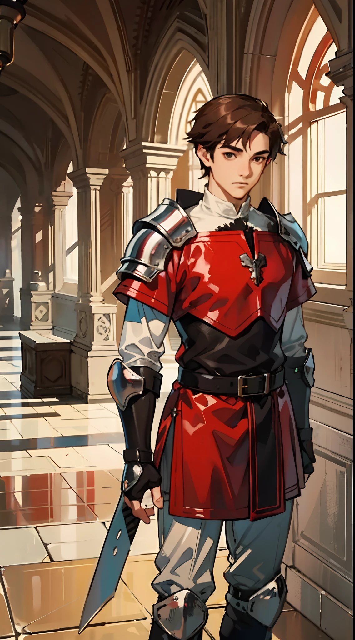 a 19-year-old boy, 1 boy, brown short hair, brown short hair parted in the middle, man's short hair, without a beard, without a goatee, no facial hair, silver and red colored medieval knight armor, red clothes, war, battlefield, link,(combat boots)