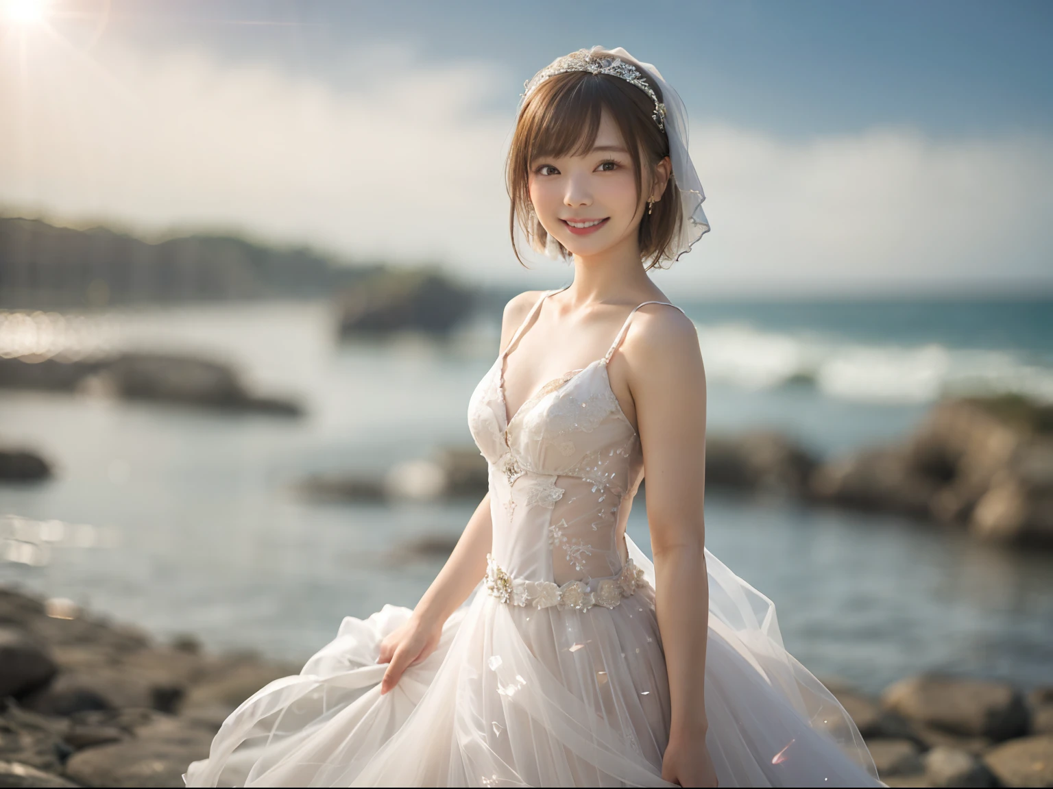 full body Esbian、((lensflare))、((Constricted waist circumference))、((Smiling)),((((27yo)))),(((Smaller bust))))、(((Colorful Wedding Dresses)))、(((Muscle feeling)))、(((photorealisim:6, realisitic)))、browny short hair、Wearing glasses、pale-skinned、looking at the viewers、the beach、coastline、the wind、vague、 8K UHD、Digital SLR、softlighting、hightquality、top-quality、超A high resolution、(Photorealsitic:1.4)、beautiful smiling face, Beautiful detailed sky, 电影灯光, depth of fields, Lens flare light、(A smile:1.15)、(Mouth closed)tiny chest、beautiful finely detailed eyes、Floating hair Nova frog style