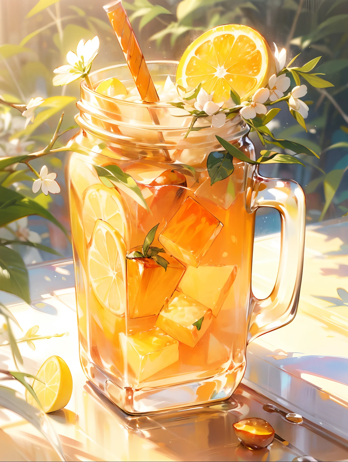 there is a glass of honey with a honey cube and a straw in it, a photorealistic painting, detailed realistic painting, super realistic painting style, realistic detailed painting, very realistic, hot and sunny highly-detailed, by Yang J, realistic painting style, lois van rossdraws, ❤🔥🍄🌪, ice tea in a mason jar, photorealistic illustration