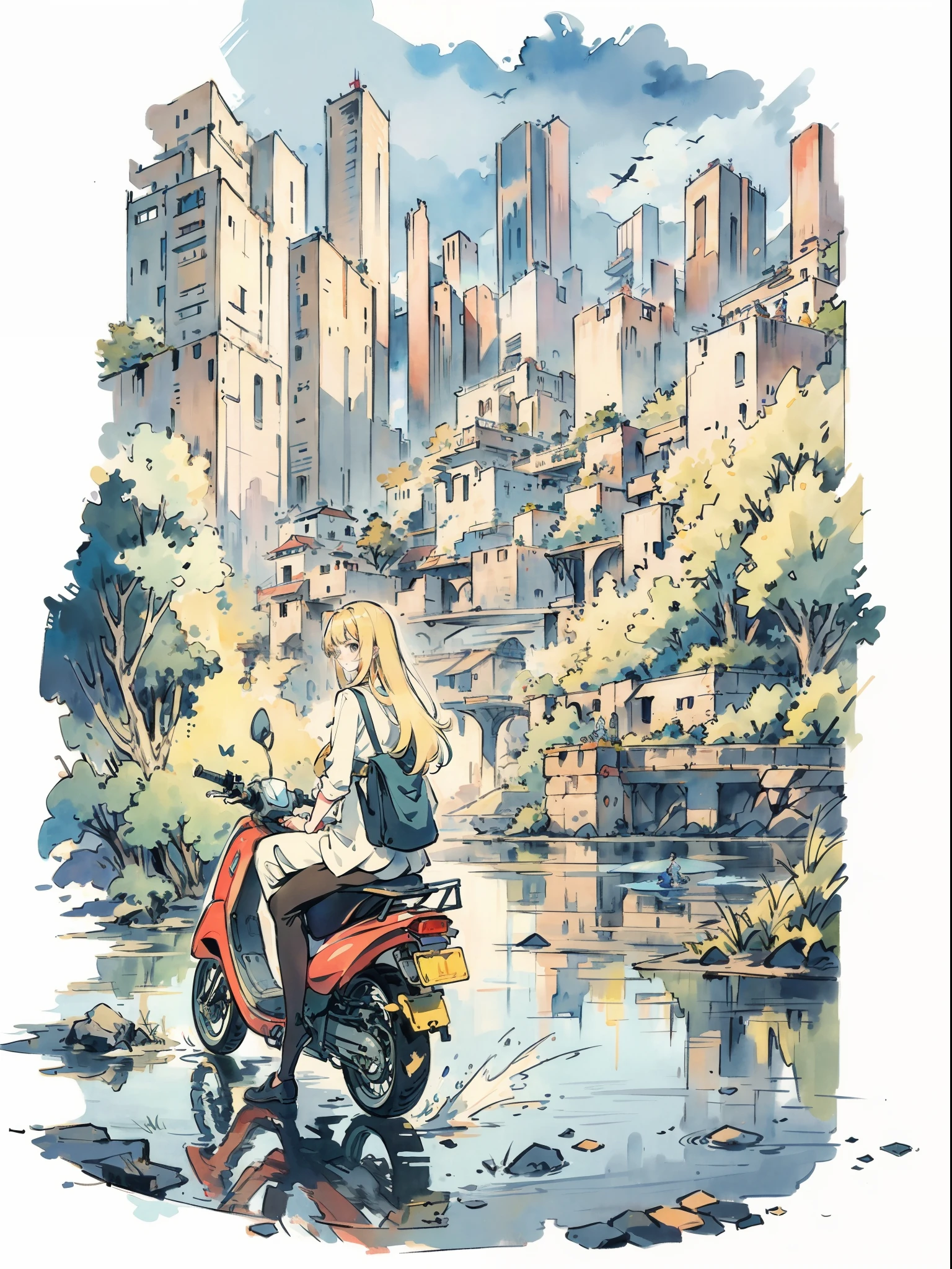 Beautiful anime woman with long blonde hair、Admire the sunken city on the lake from the top of the cliff、Moped bicycle, Shot with Nikkor Q13.5cm F....../3.5 lens. Lake at sunset in the background、 The surface of the water reflects a woman and a moped、And the lighting is backlit.Hair fluttering in the wind
The composition is great, Watercolor style, masutepiece, High image quality, 16 K,Detailed drawing, Fine detail, Delicate drawing
