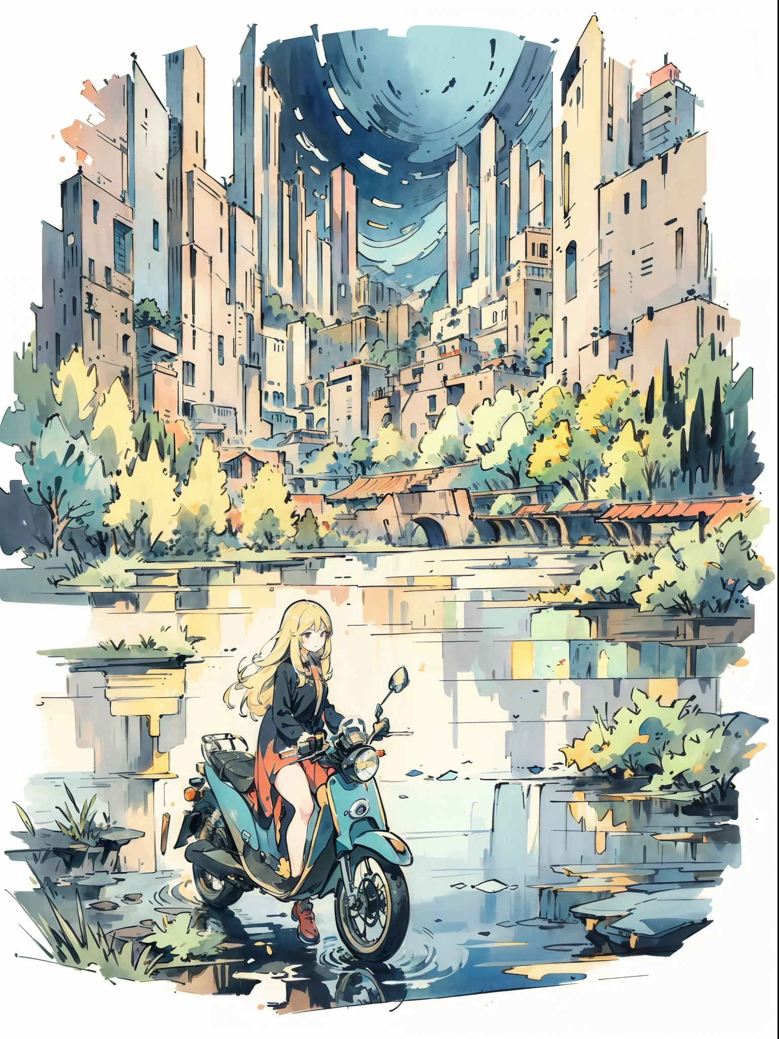 Beautiful anime woman with long blonde hair、Admire the sunken city on the lake from the top of the cliff、Moped bicycle, Shot with Nikkor Q13.5cm F....../3.5 lens. Lake at sunset in the background、 The surface of the water reflects a woman and a moped、And the lighting is backlit.Hair fluttering in the wind
The composition is great, Watercolor style, masutepiece, High image quality, 16 K,Detailed drawing, Fine detail, Delicate drawing