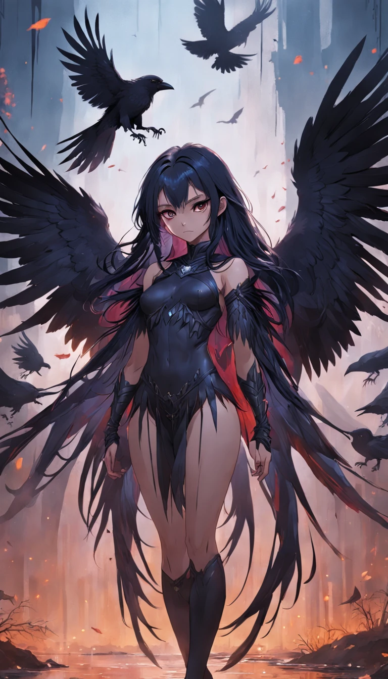 masterpiece, best quality, movie still, 1girl, monstergirl, crow woman, full body, portrait, detailed (eyes), long (hair), perfect body, proportional body, crow|raven wings, deep look, wearing (top and pants), close-up, cold soft lighting, sunset, (aura:0.7)